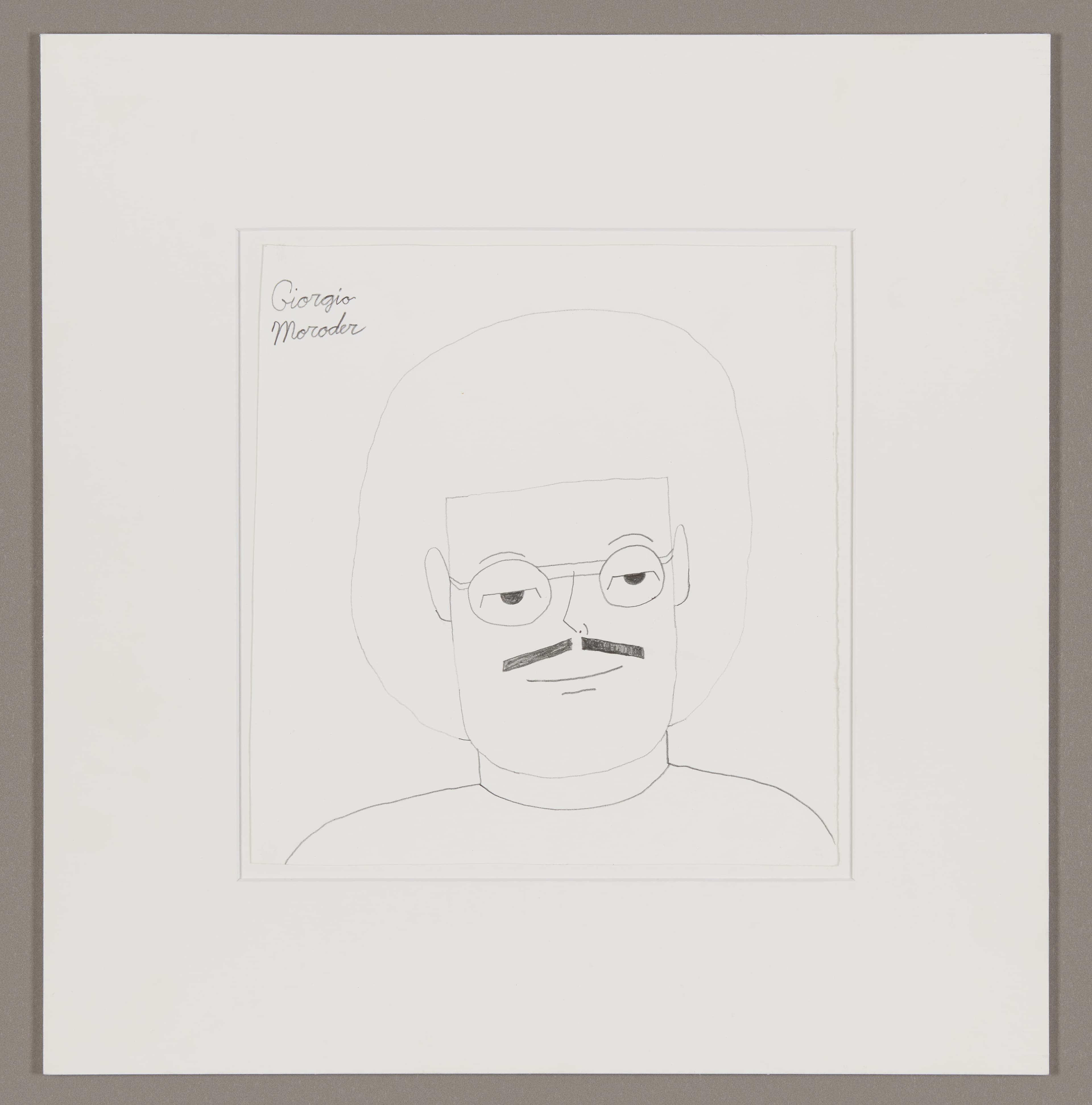 Portrait drawing in graphite showing a bald man with glasses and mustache, titled 'Giorgio Moroder'