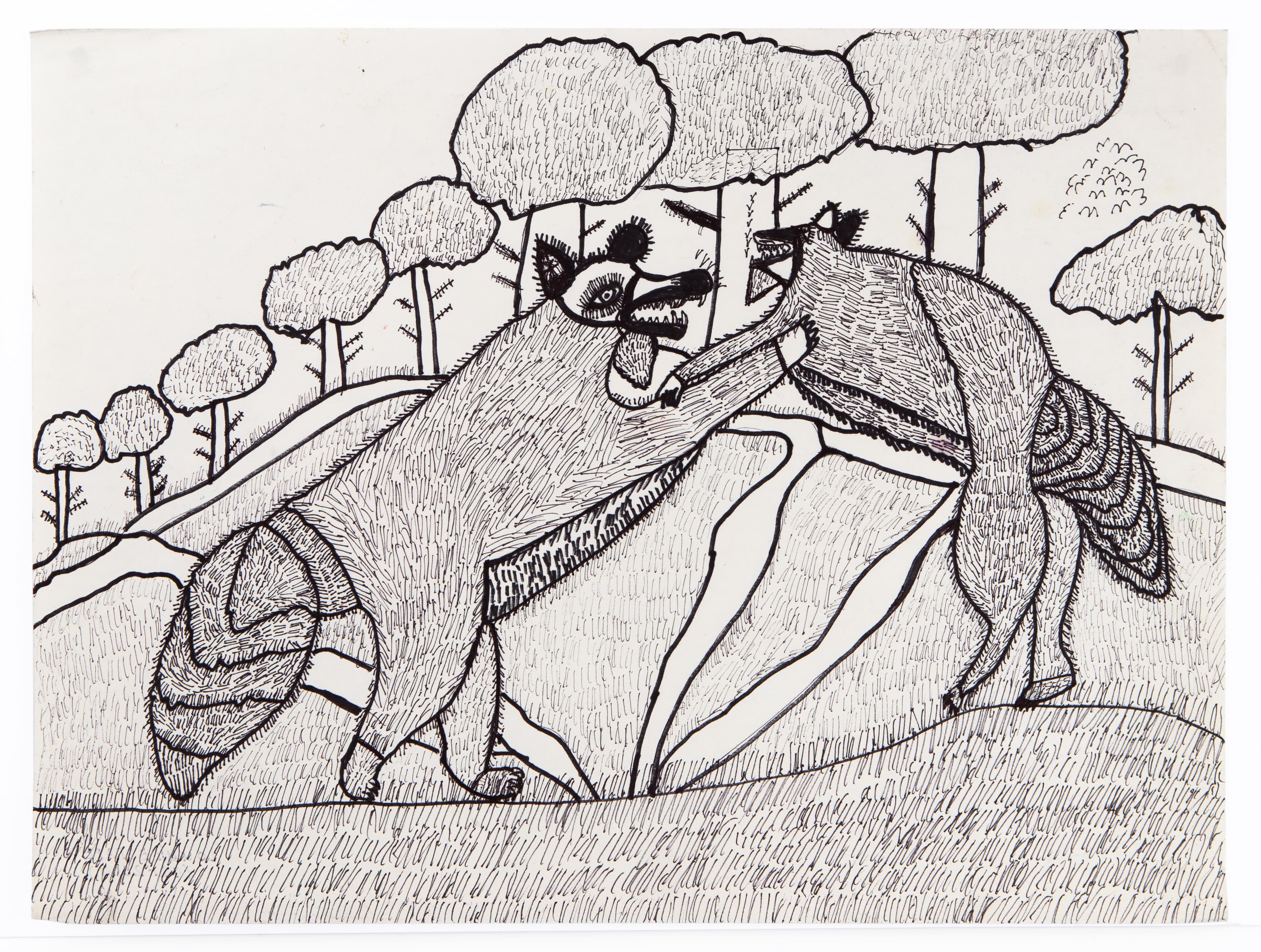 Ink drawing of two whales breaching ocean surface with trees and clouds in background