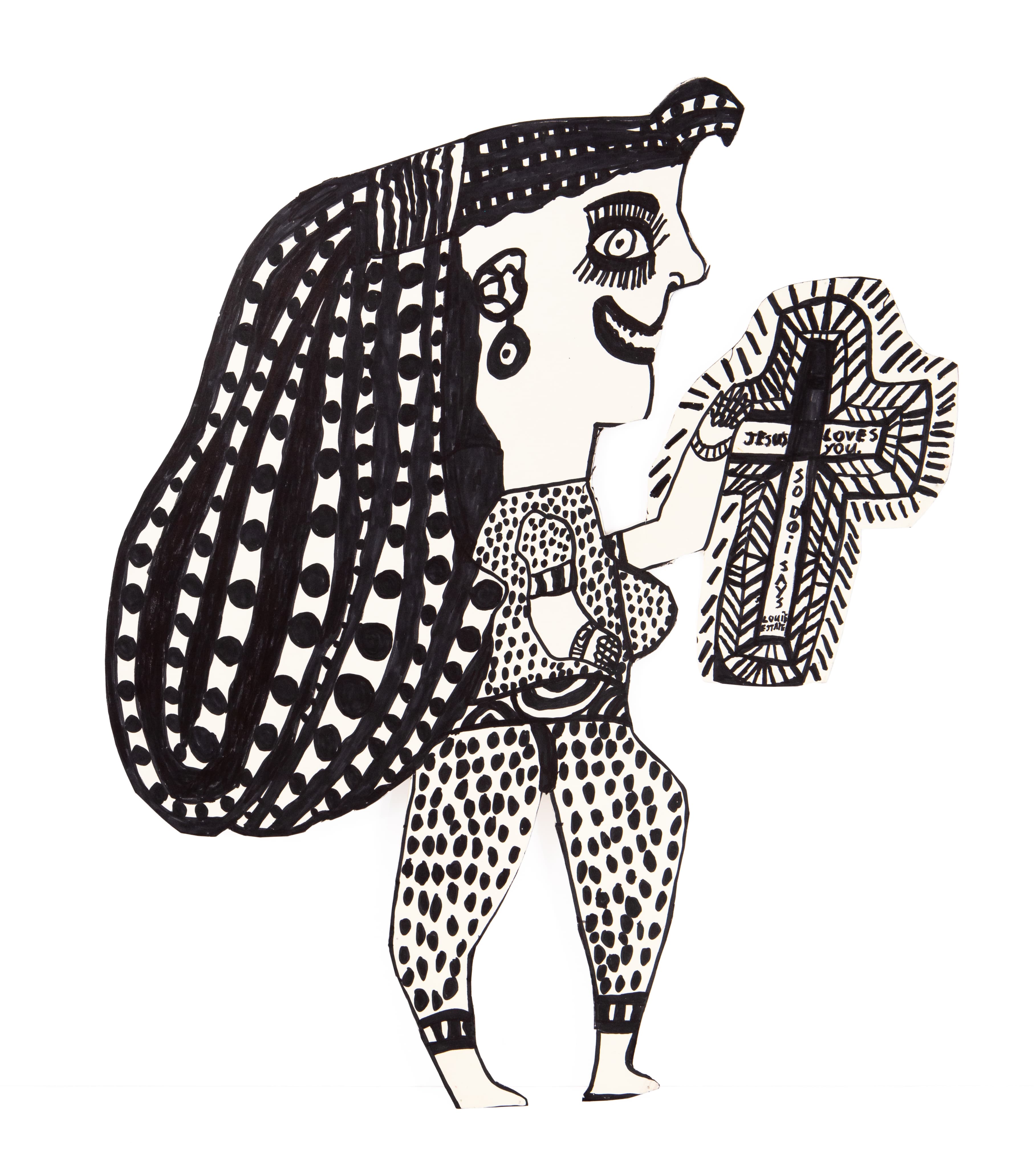 Ink drawing of figure with long patterned hair holding decorated cross, wearing polka dot clothing