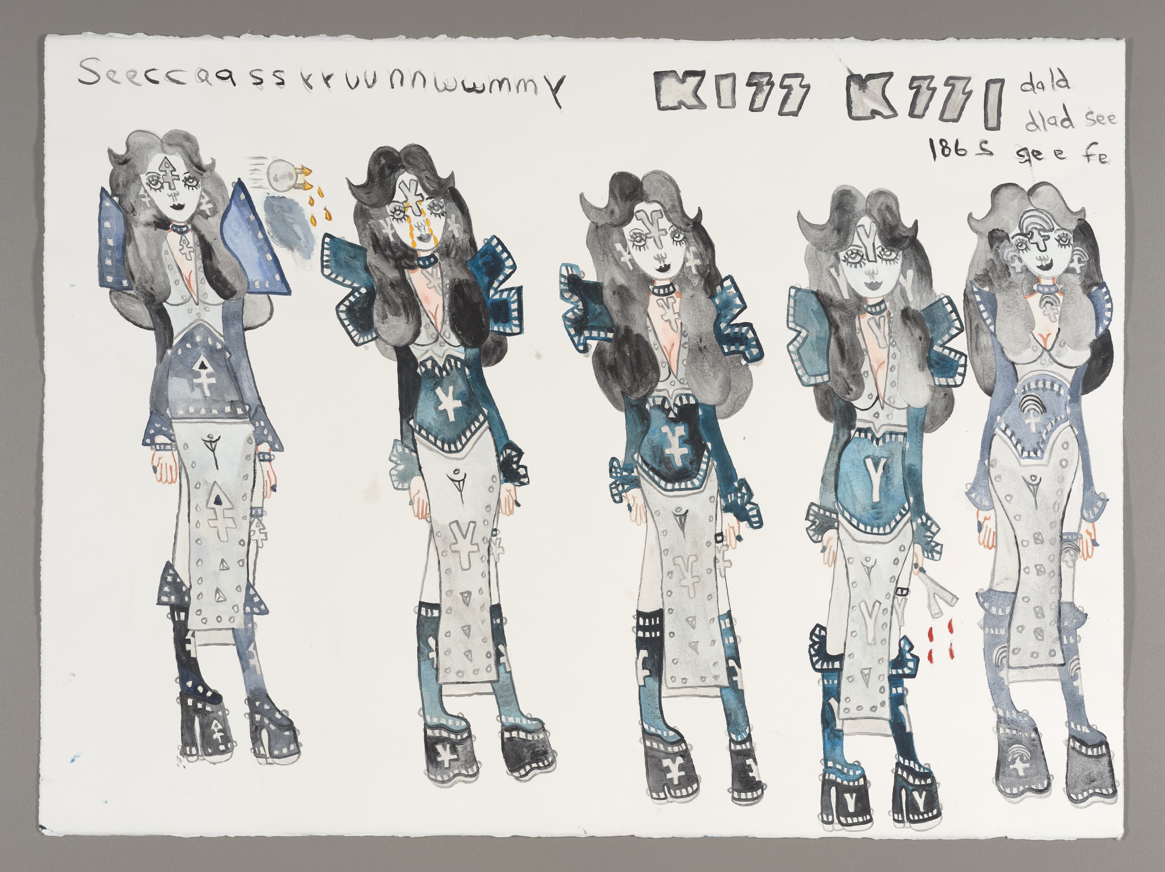 Drawing of five standing figures with long hair wearing blue jackets and patterned pants, graphite and watercolor on paper