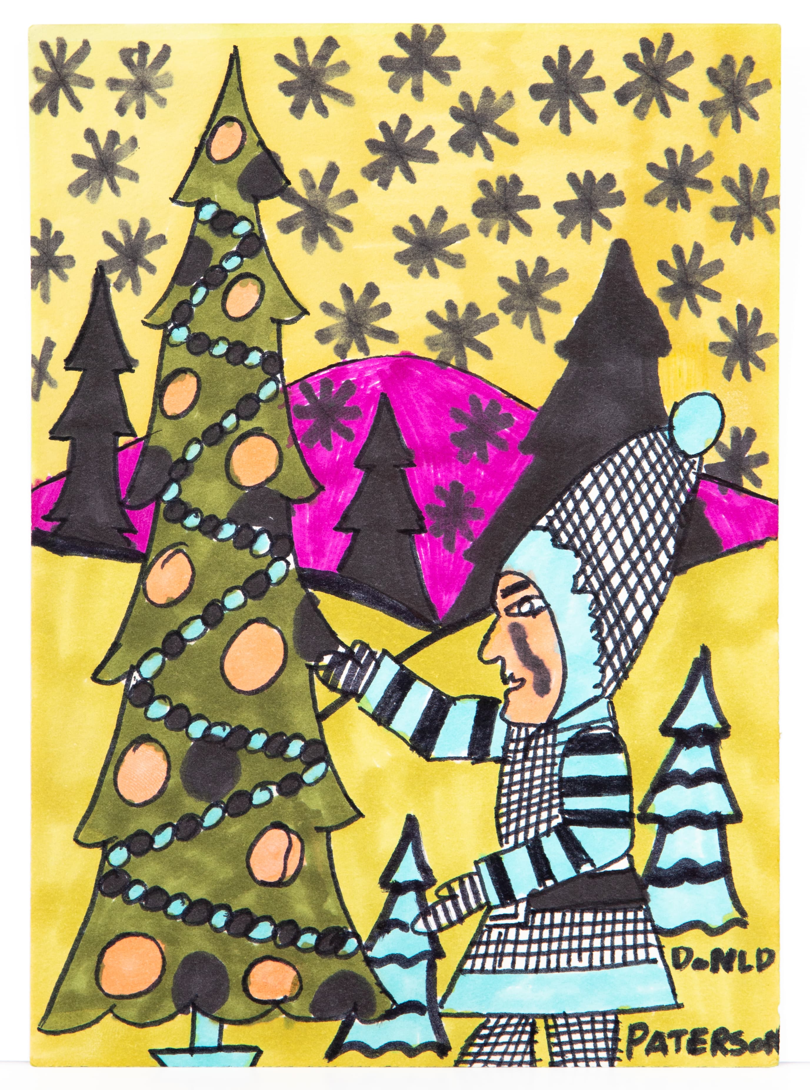 Ink drawing of person in striped winter clothing beside decorated Christmas tree on yellow background with star pattern