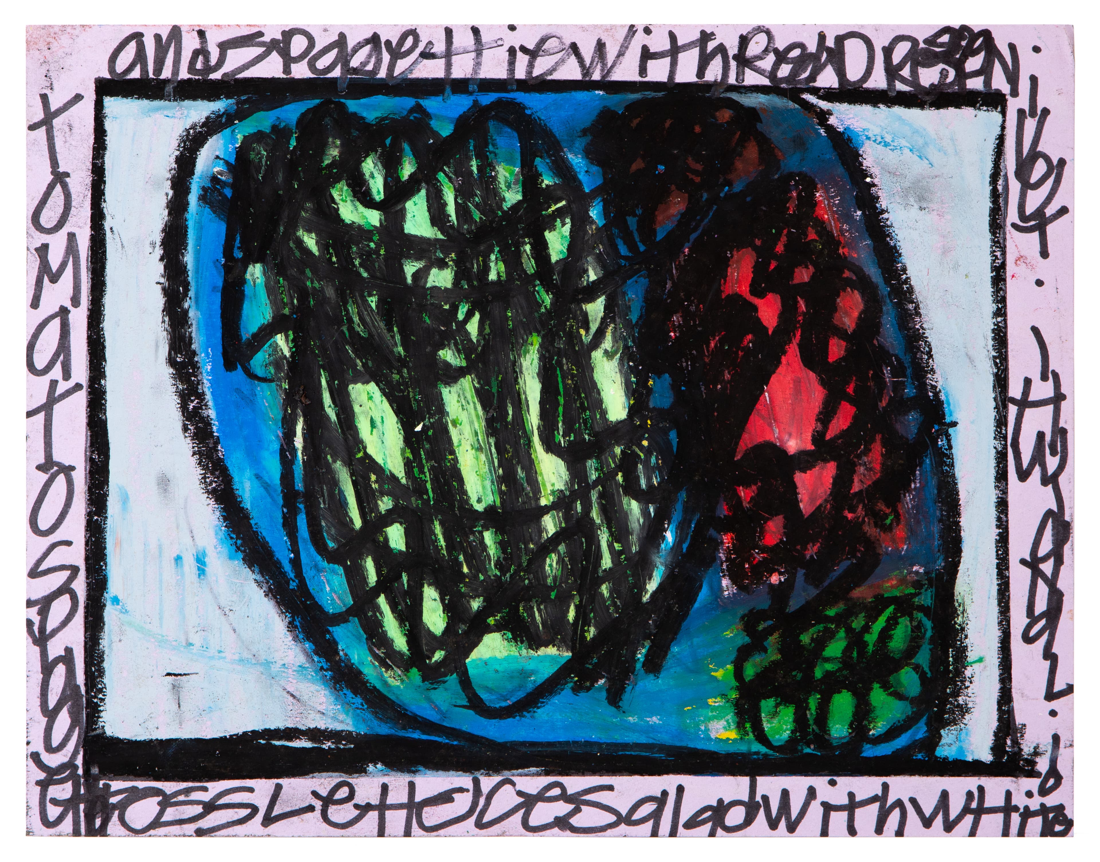 Mixed media drawing with black outlined forms in green and red on blue background, surrounded by handwritten text