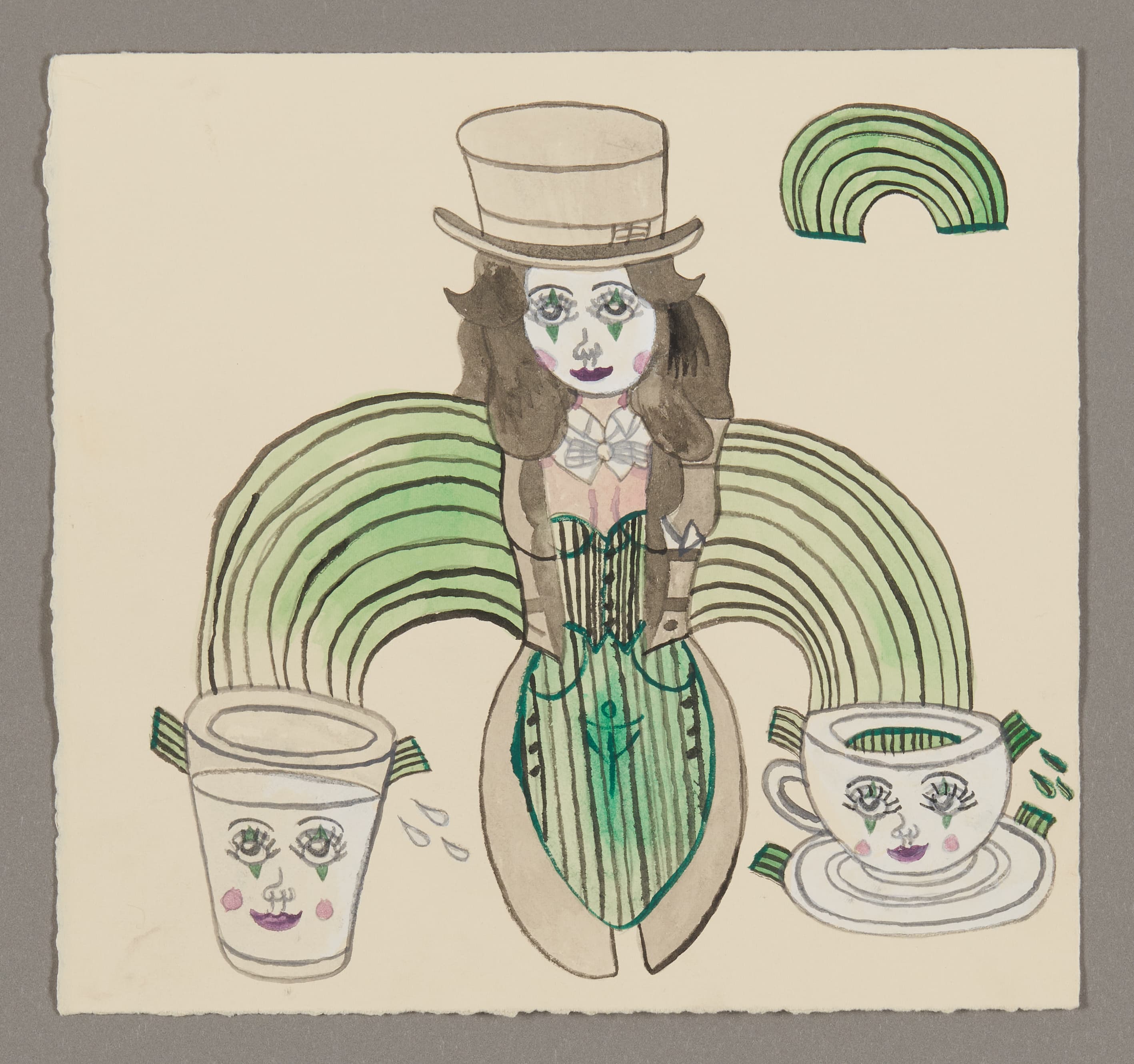 Drawing of figure in top hat and green corset with rainbow backdrop, flanked by anthropomorphic cups, mixed media on paper