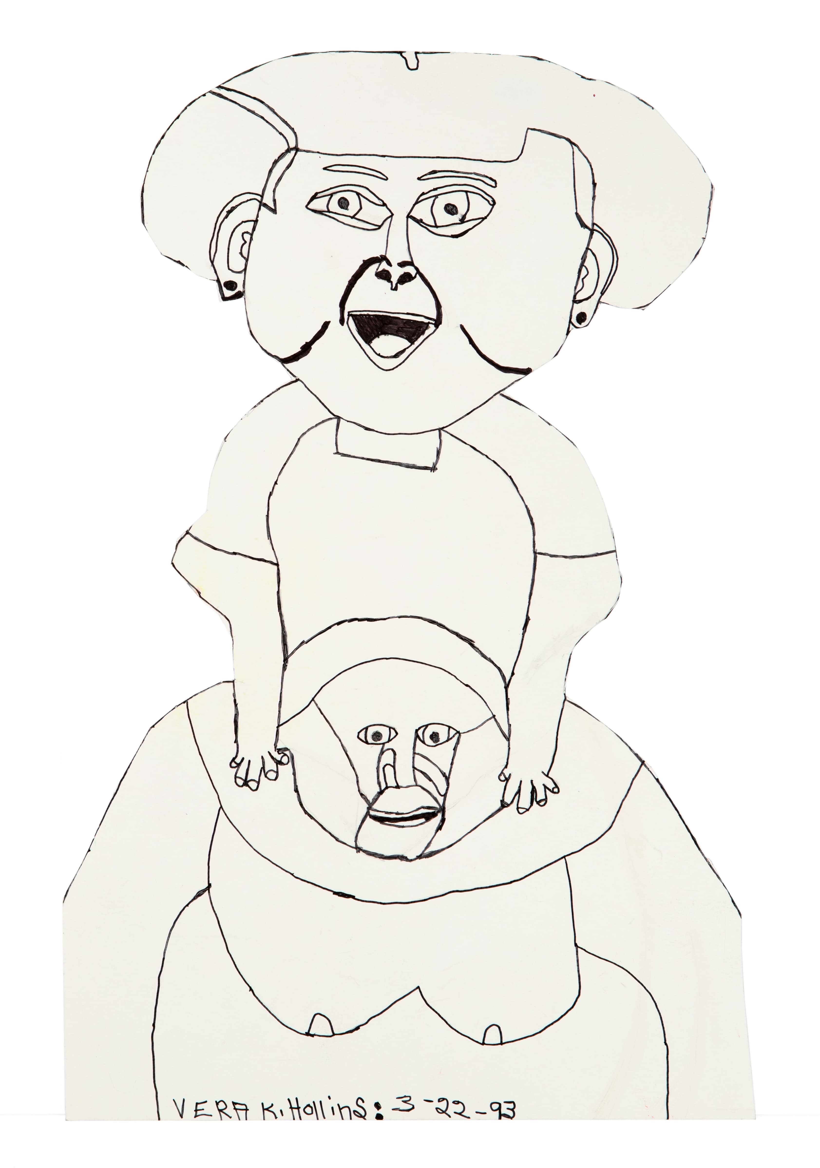 Ink drawing on paper cutout showing two connected figures with large eyes and open mouths, one above the other