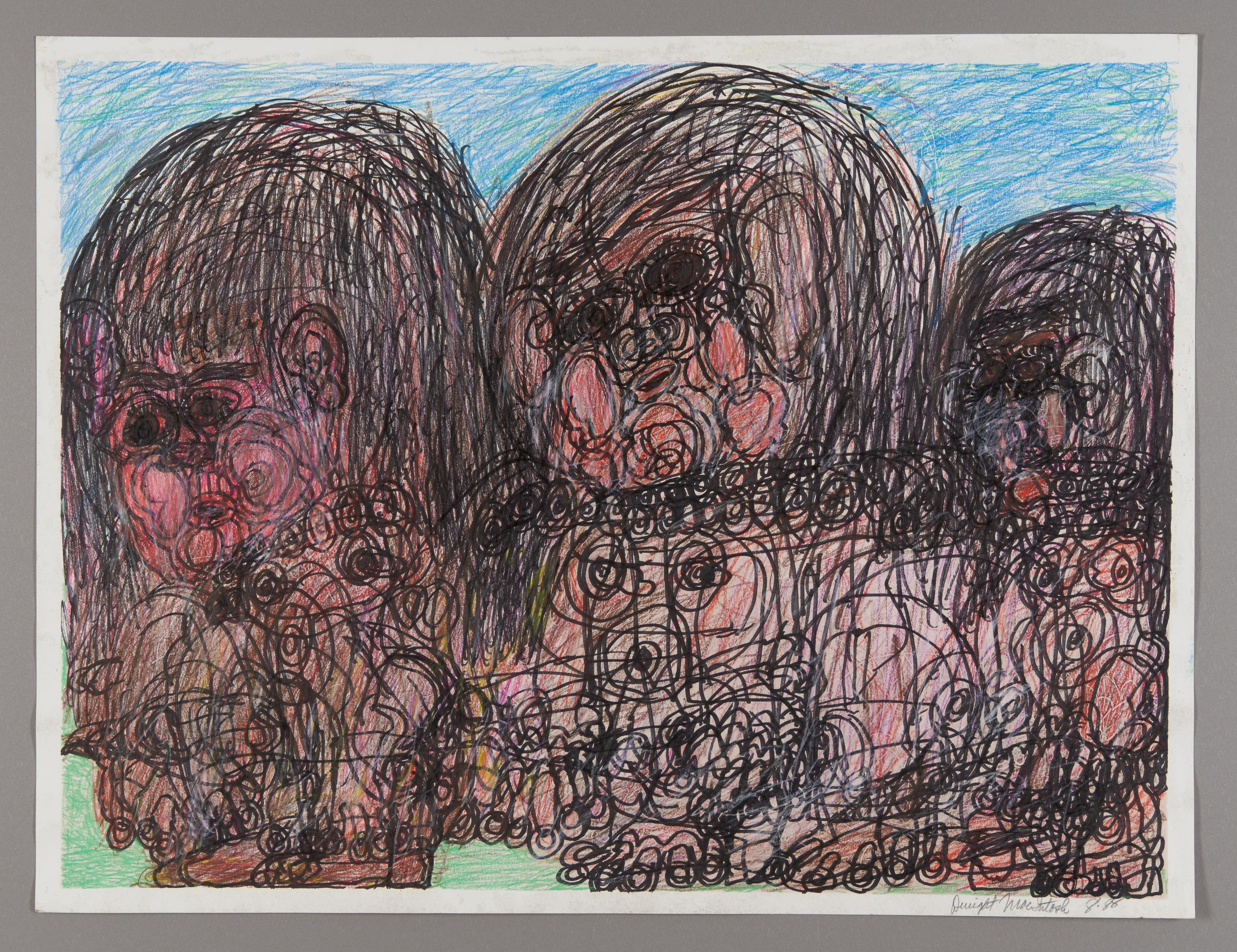 Drawing of three figures with densely scribbled dark hair and pink-toned faces, rendered in ink and crayon on paper