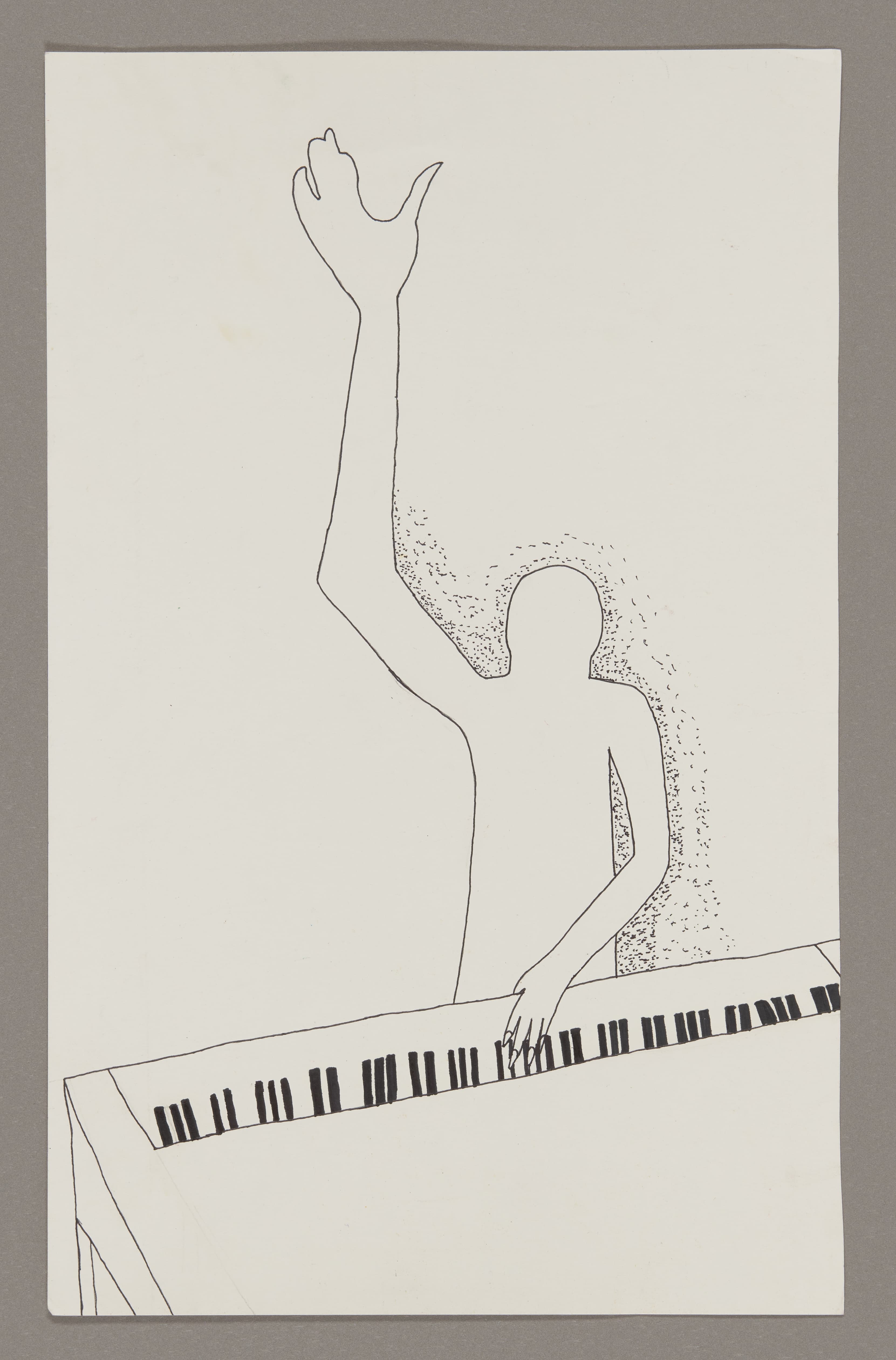 Line drawing in ink showing two abstract human figures, one with raised arm, positioned above a piano keyboard