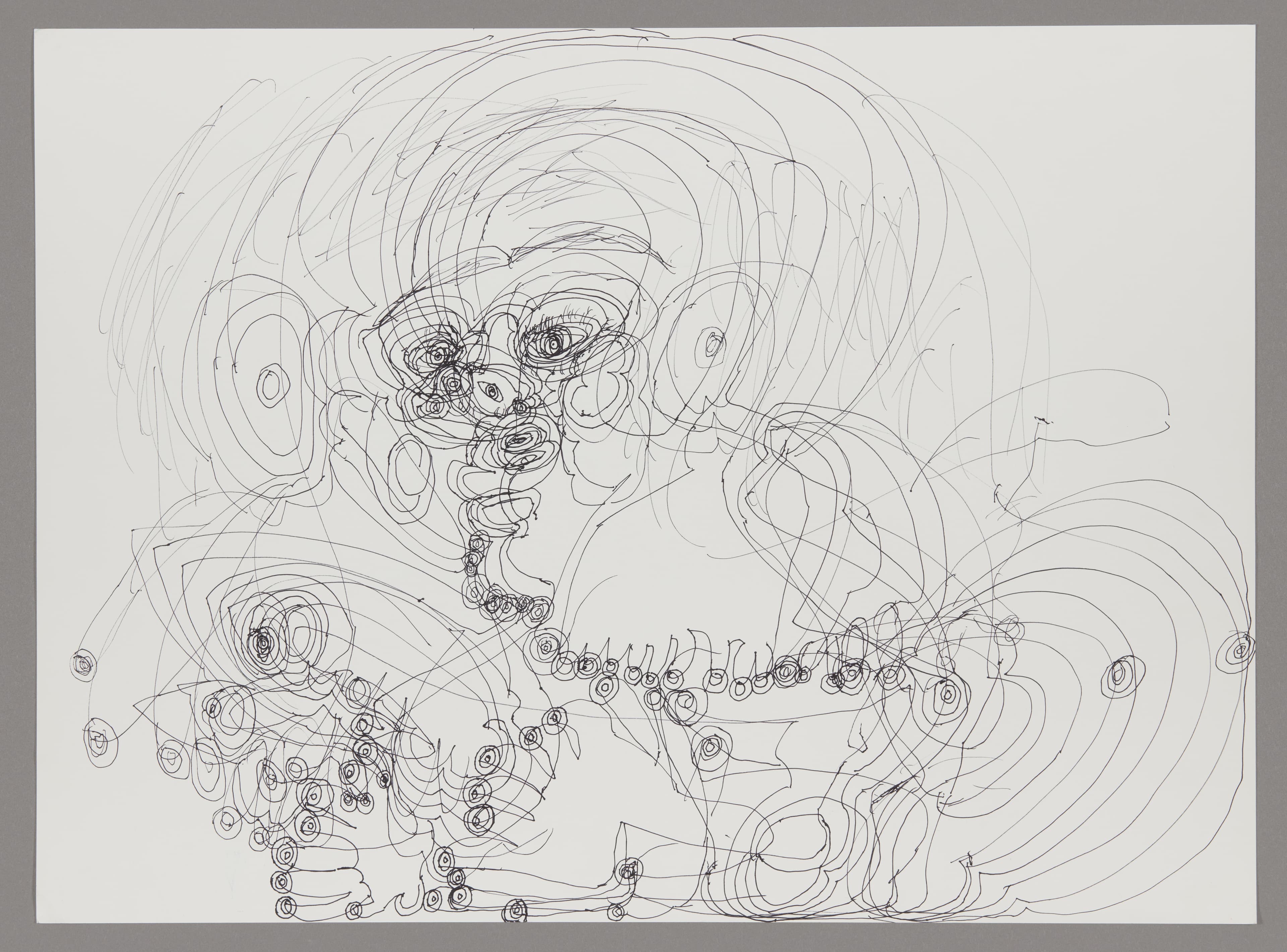 Ink drawing on paper showing a face surrounded by swirling circular lines and scattered small circular forms