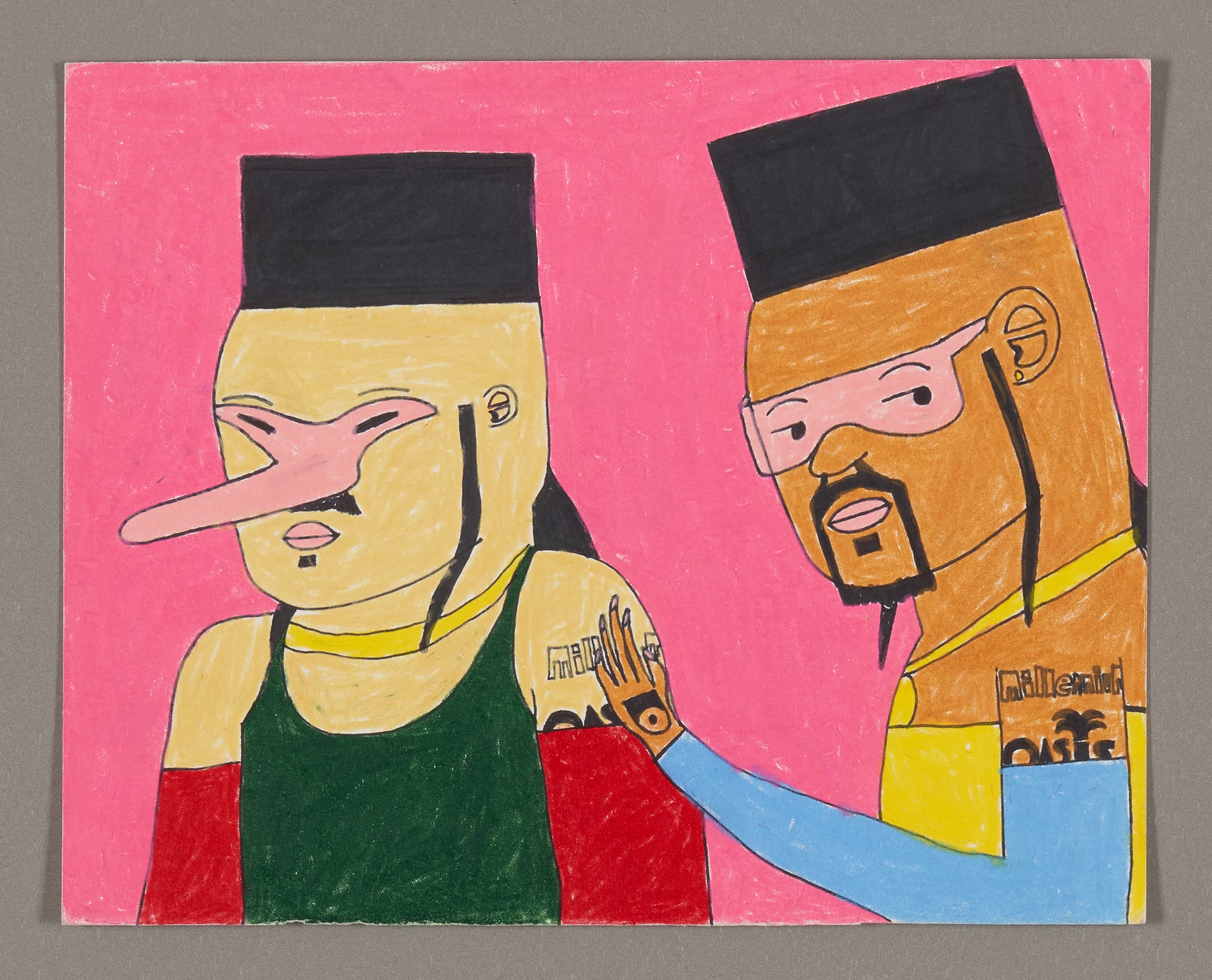 Drawing of two figures with black hats against pink background, rendered in colored pencil and ink