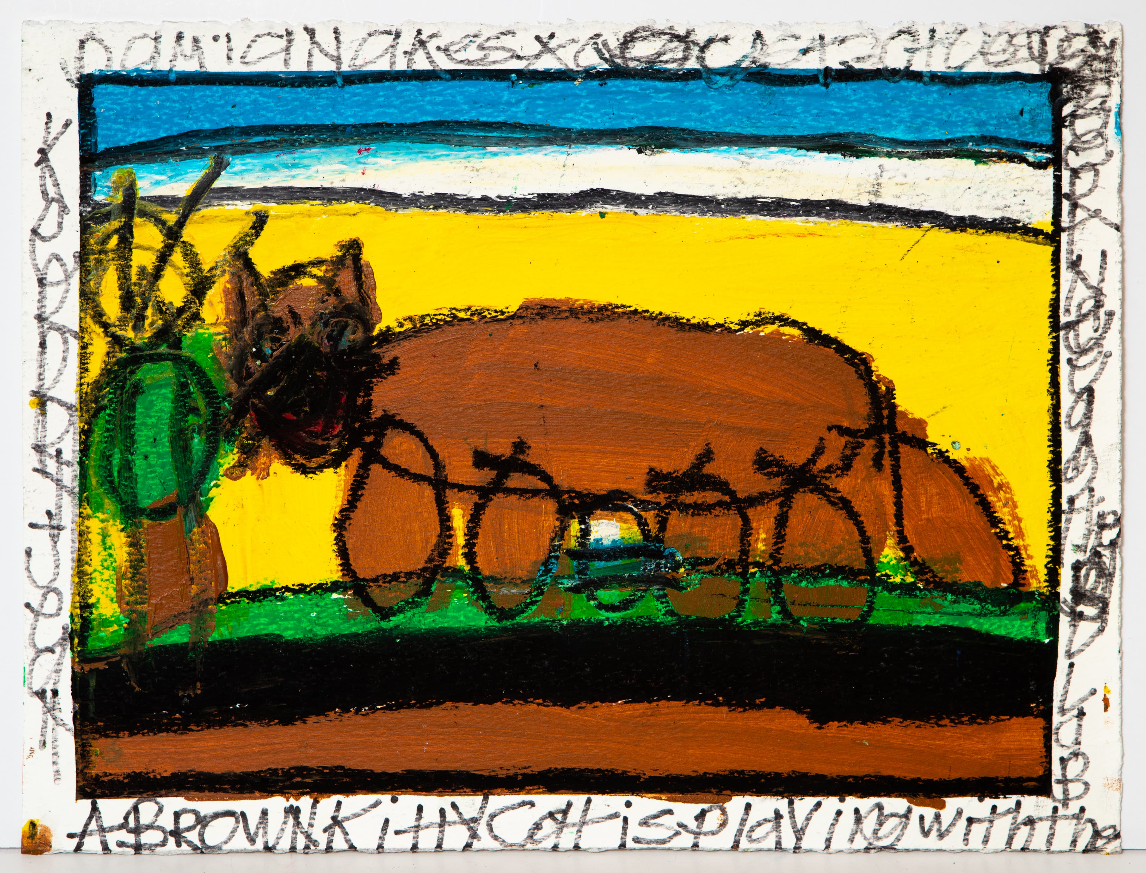 Drawing of a brown cat with black outlines on yellow ground, mixed media on paper with handwritten text border