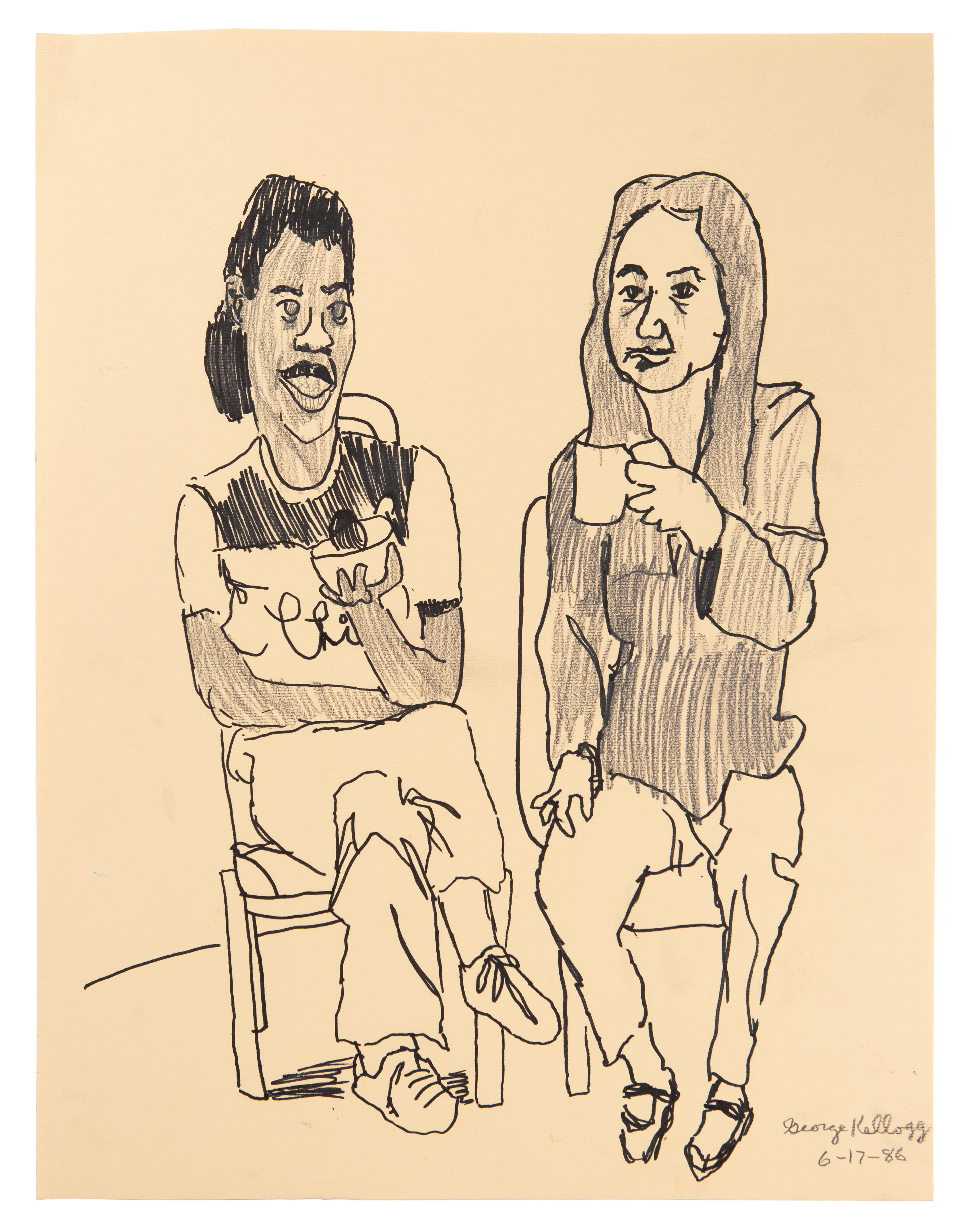 Ink and pencil drawing of two figures sitting on chairs on cream-colored paper