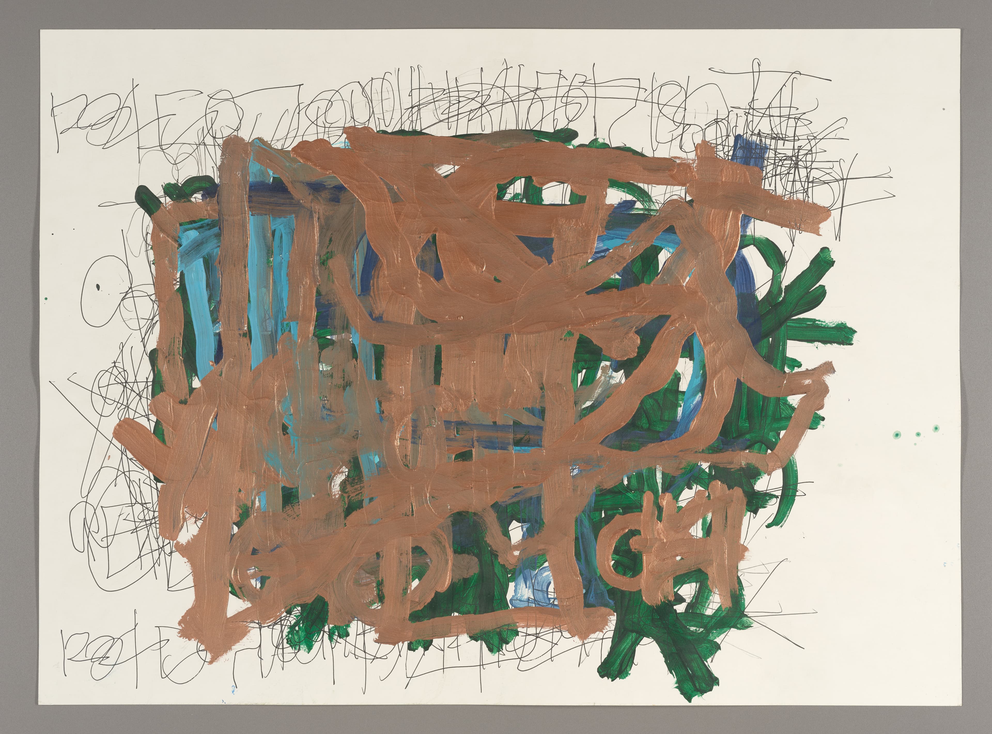 Mixed media drawing with brown and green paint overlaying pencil scribbles on cream paper