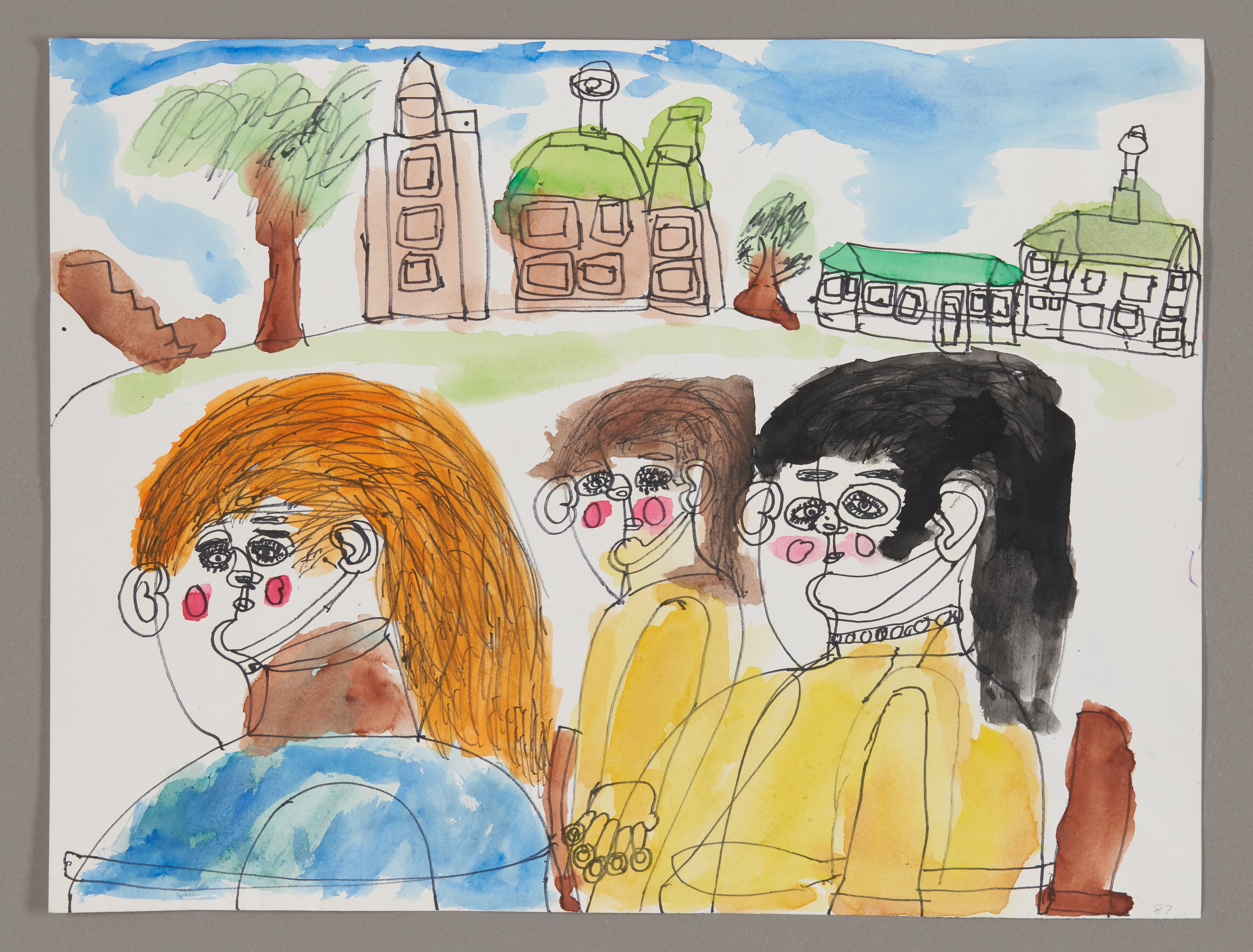 Watercolor and ink drawing showing three figures with glasses in foreground and buildings with trees in background