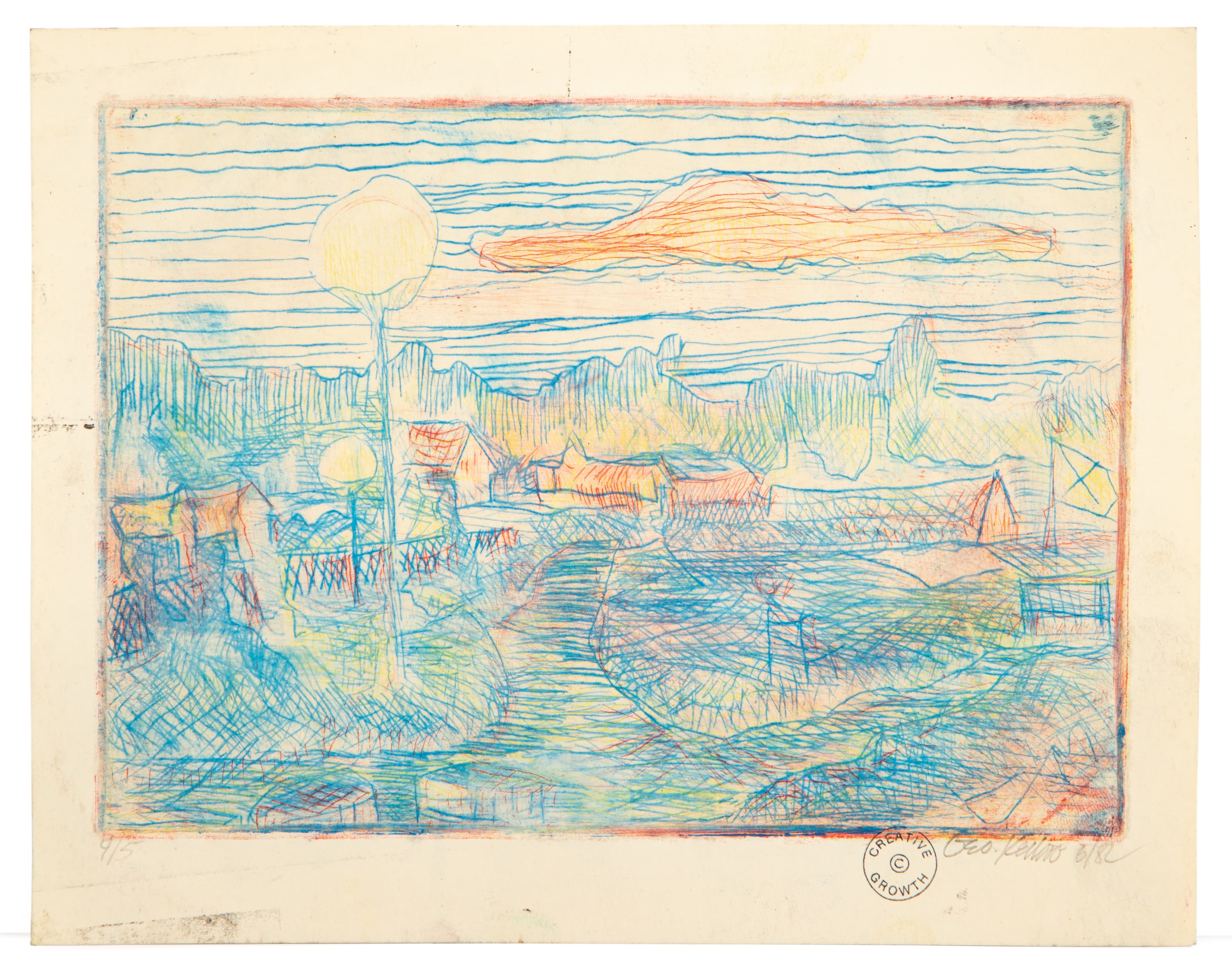 Colored pencil drawing of boats on water with buildings, sun, and clouds in blue, orange, and yellow tones