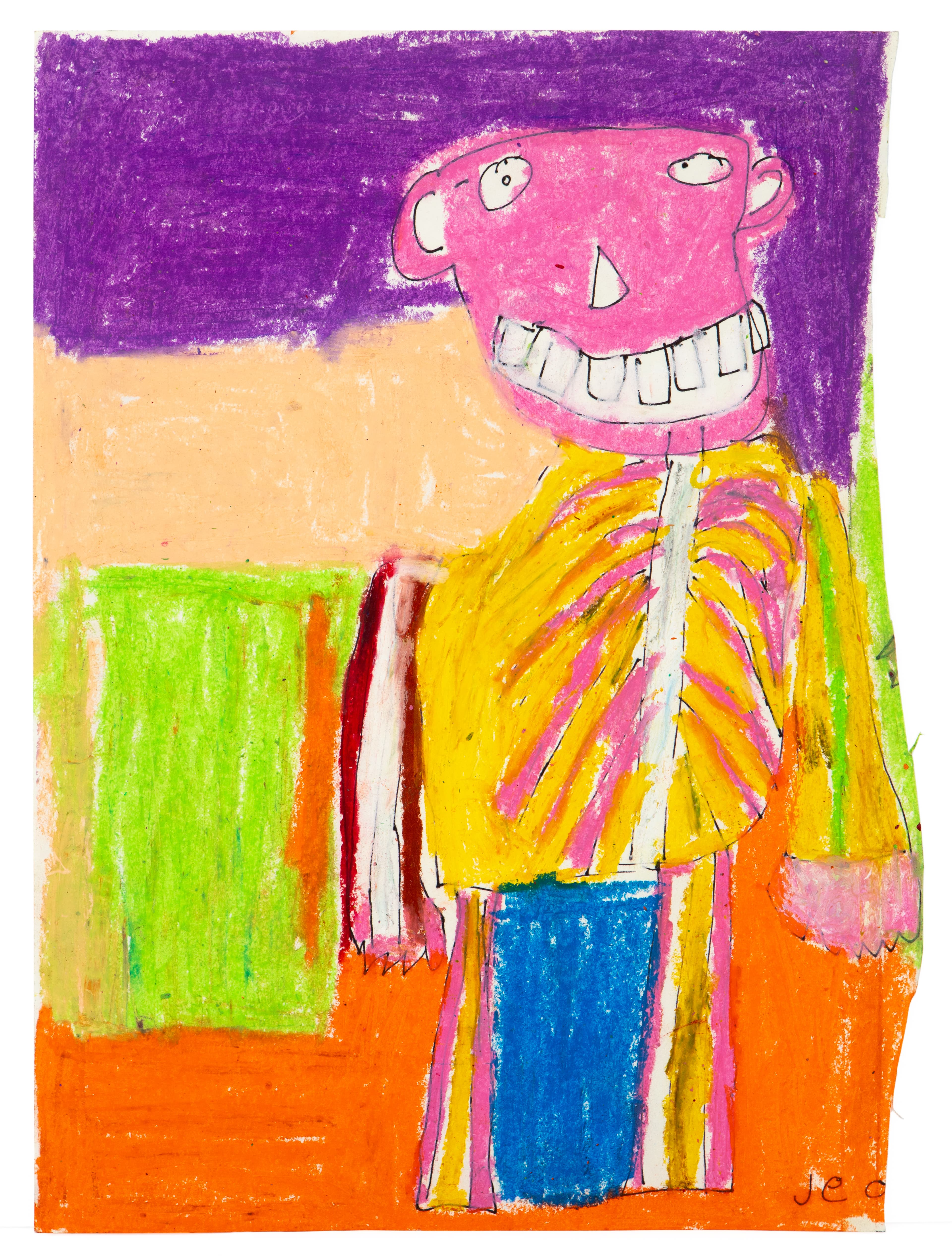 Colorful drawing of a pink-headed figure with large teeth wearing yellow striped shirt and blue pants