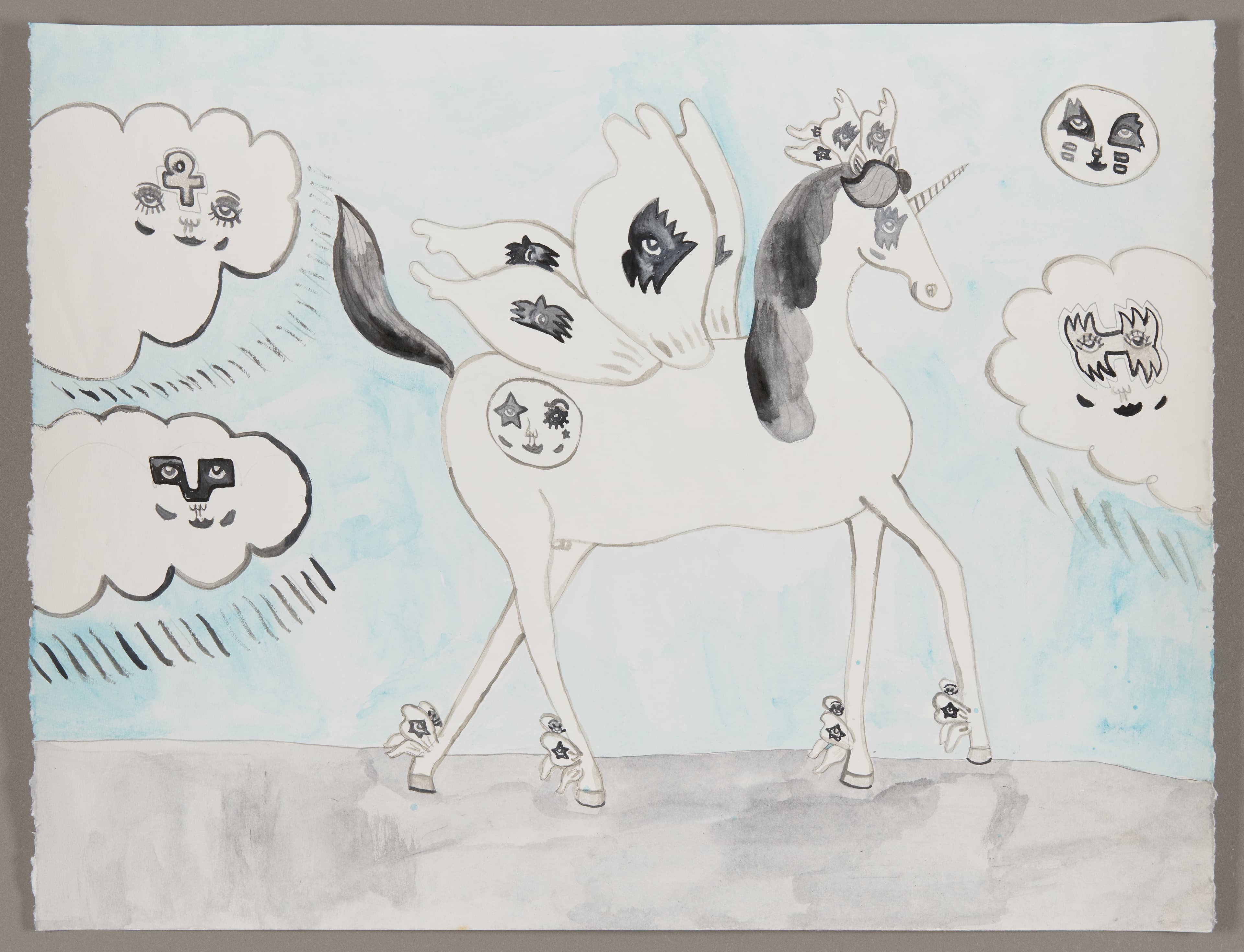 Drawing of white unicorn with black mane surrounded by clouds with faces, graphite and watercolor on paper