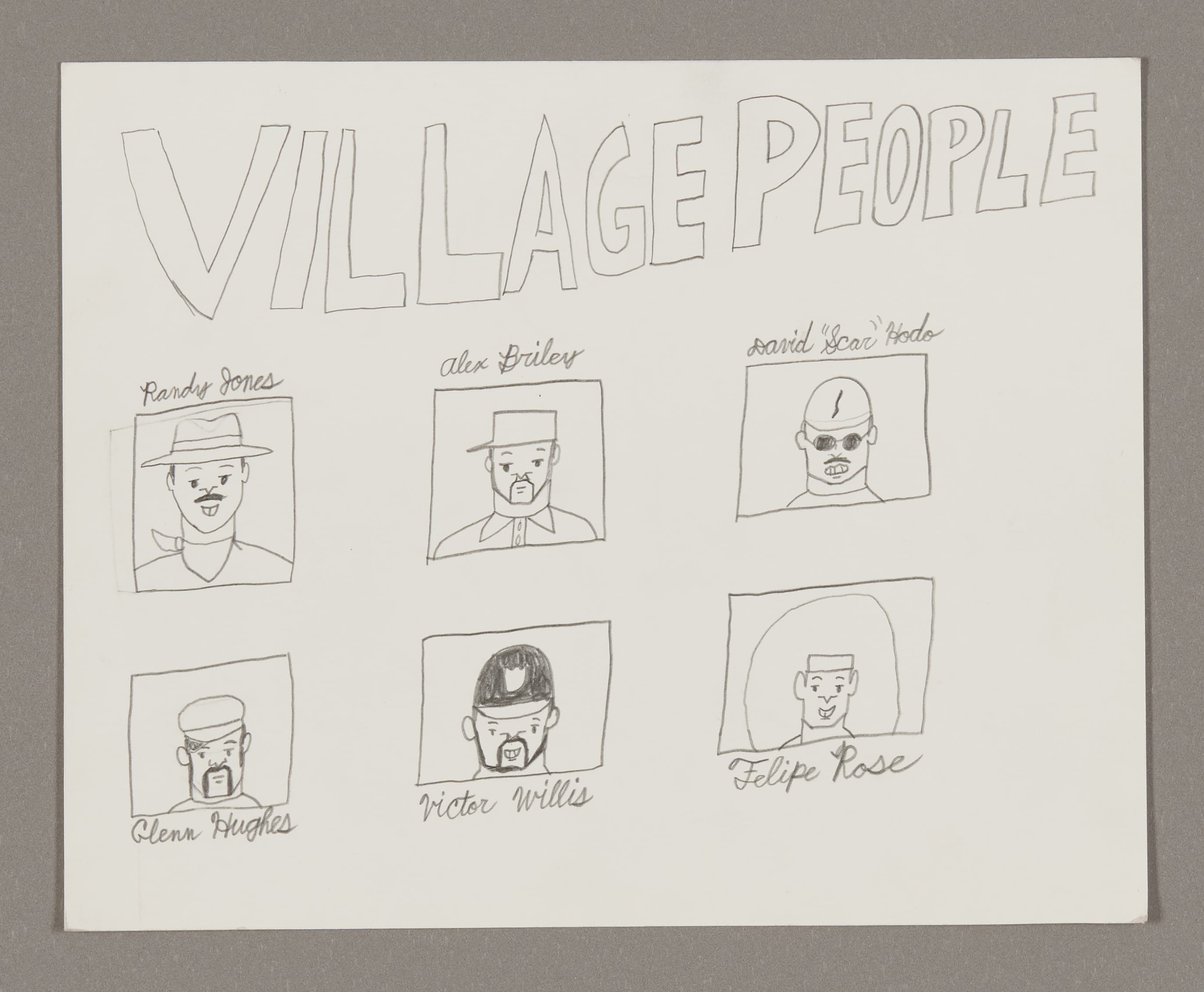 Pencil drawing on white paper titled 'VILLAGE PEOPLE' with six portrait sketches in rectangular frames, each labeled with names