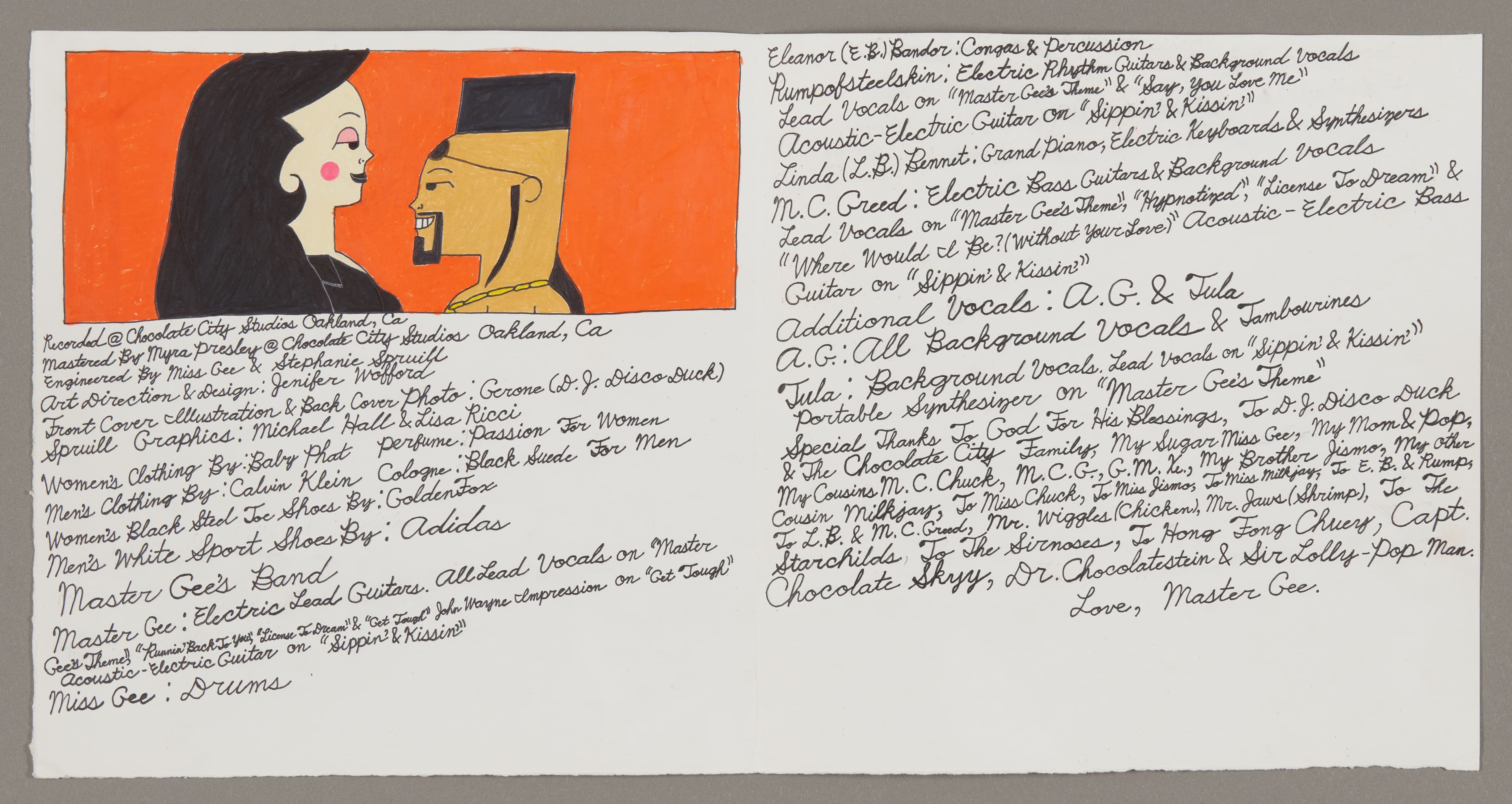 Drawing of two profile figures with handwritten text, made with color stix, ink, and colored pencil on paper