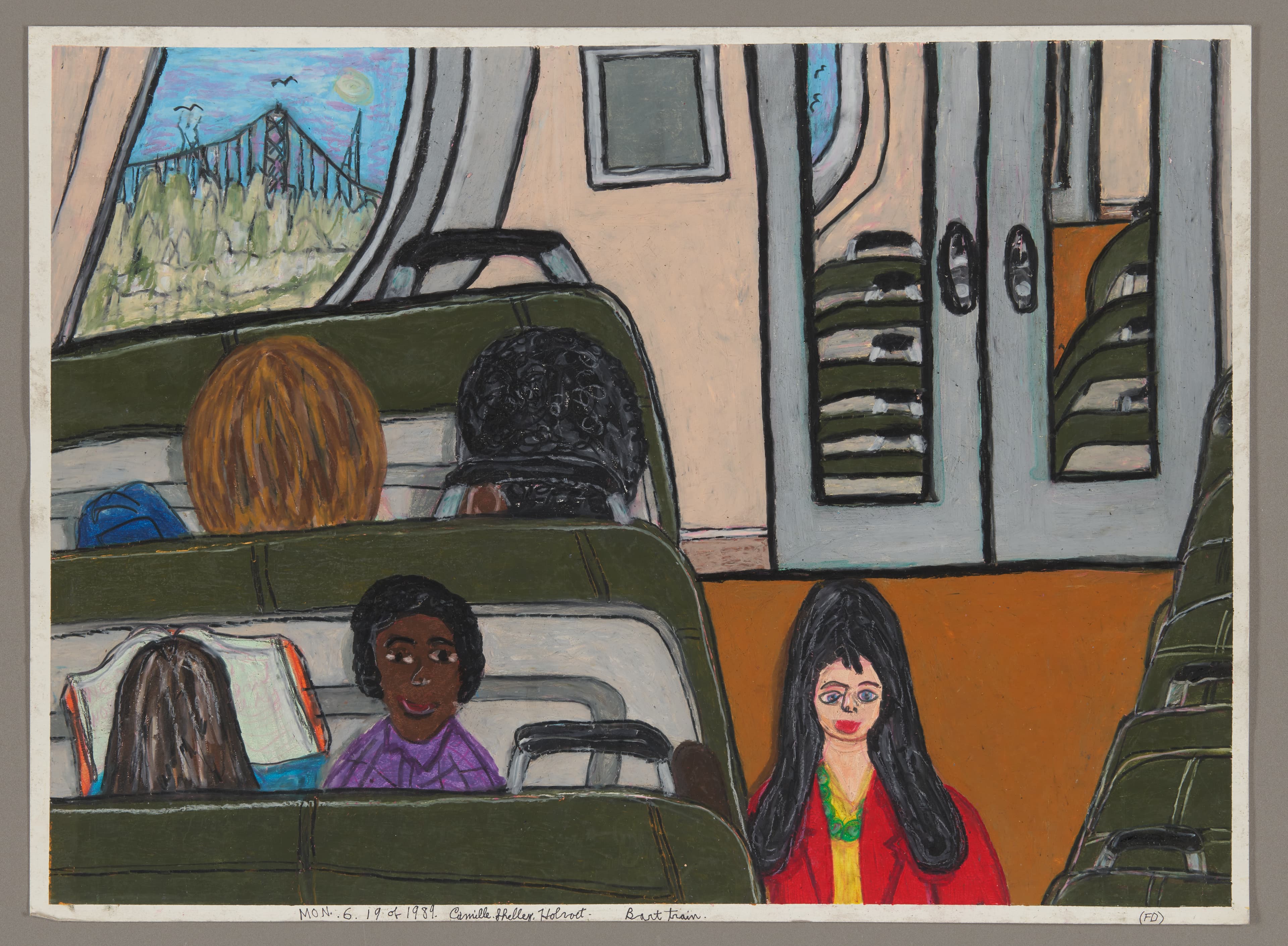 Oil pastel drawing of BART train interior with passengers seated in green seats, view of bridge through window