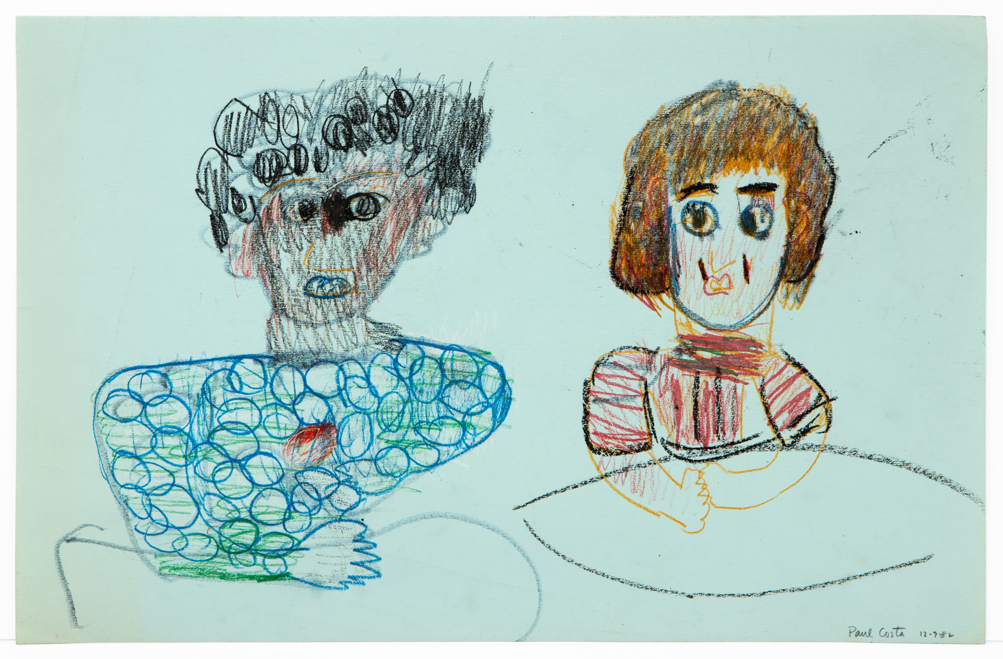 Mixed media drawing of two portrait figures on light green paper with colored pencil and crayon