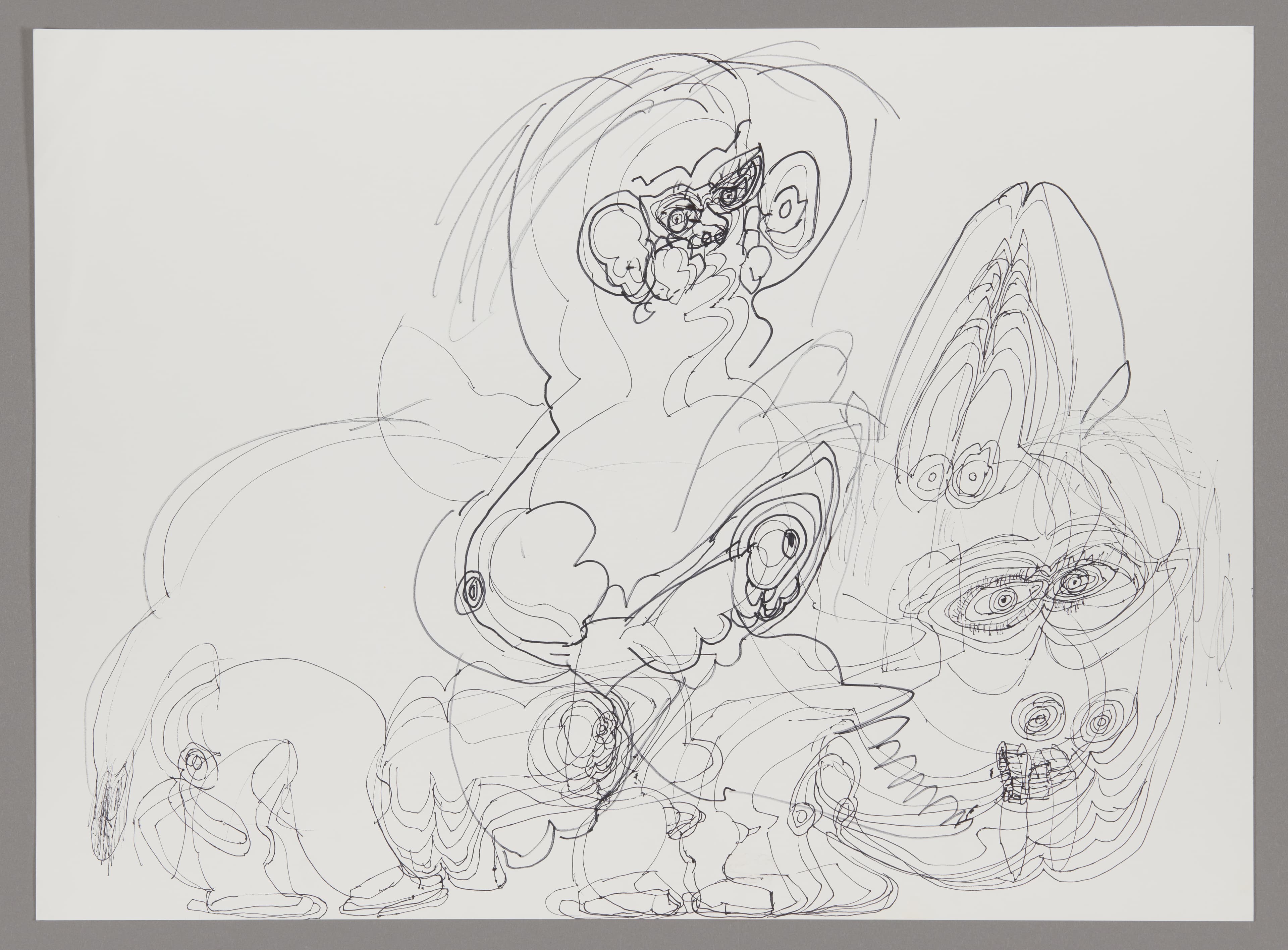 Ink drawing showing multiple abstract figures with exaggerated facial features and flowing forms on white paper