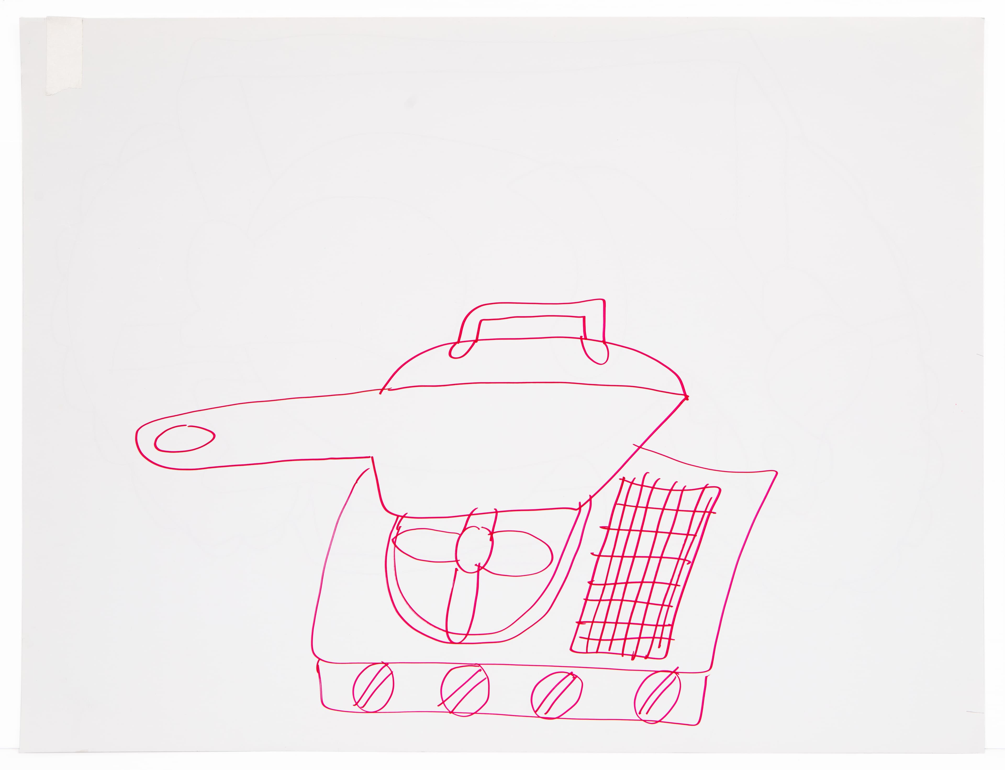 Line drawing of cooking stove with pot and handle in pink ink on white paper