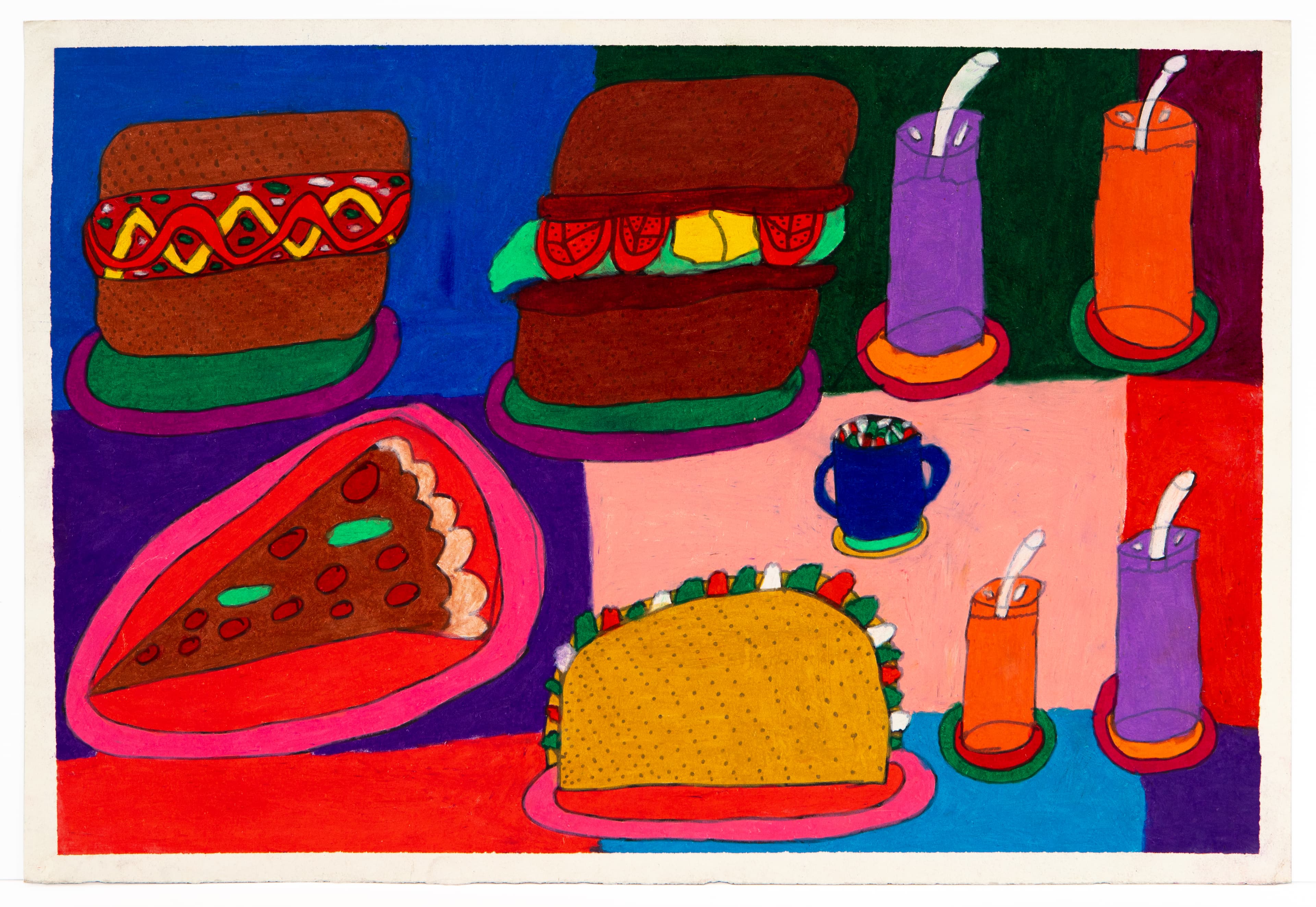 Colorful drawing showing various food items including hamburgers, tacos, pizza slice, and drinks with straws on bright backgrounds