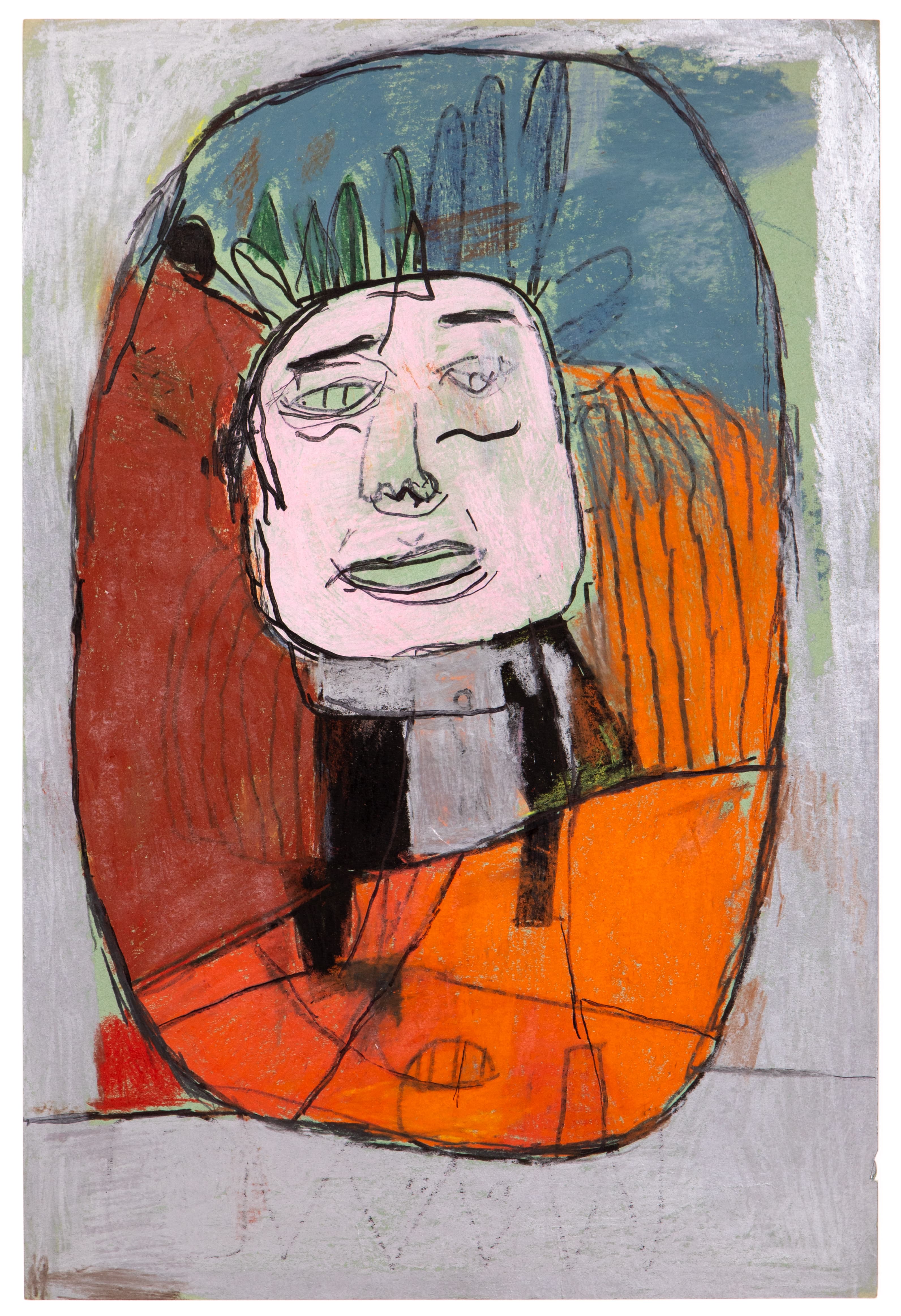 Mixed media drawing of a portrait with pink face, green spiky hair, enclosed in oval frame with orange and red background