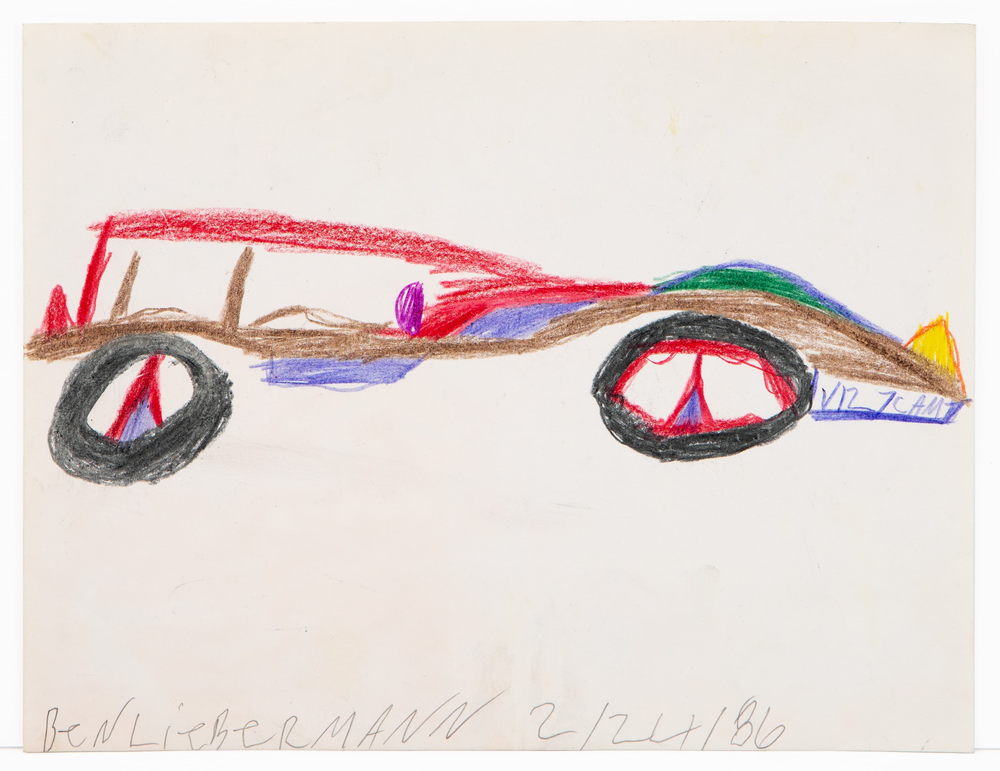 Colored pencil drawing of a car in profile with black wheels, red and multicolored body on white paper