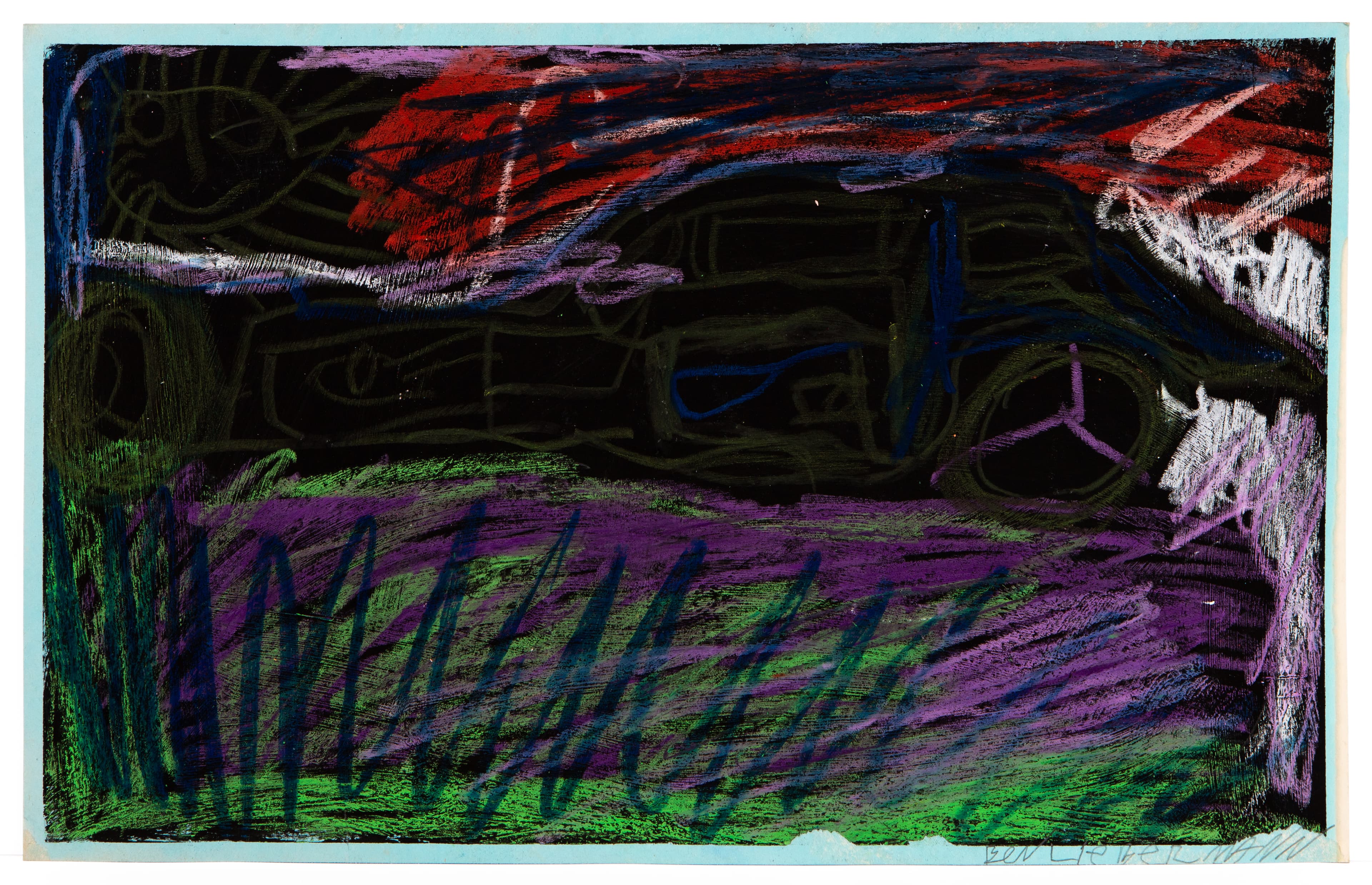 Drawing of a dark vehicle with red and purple sky, rendered in crayon and colored pencil on paper