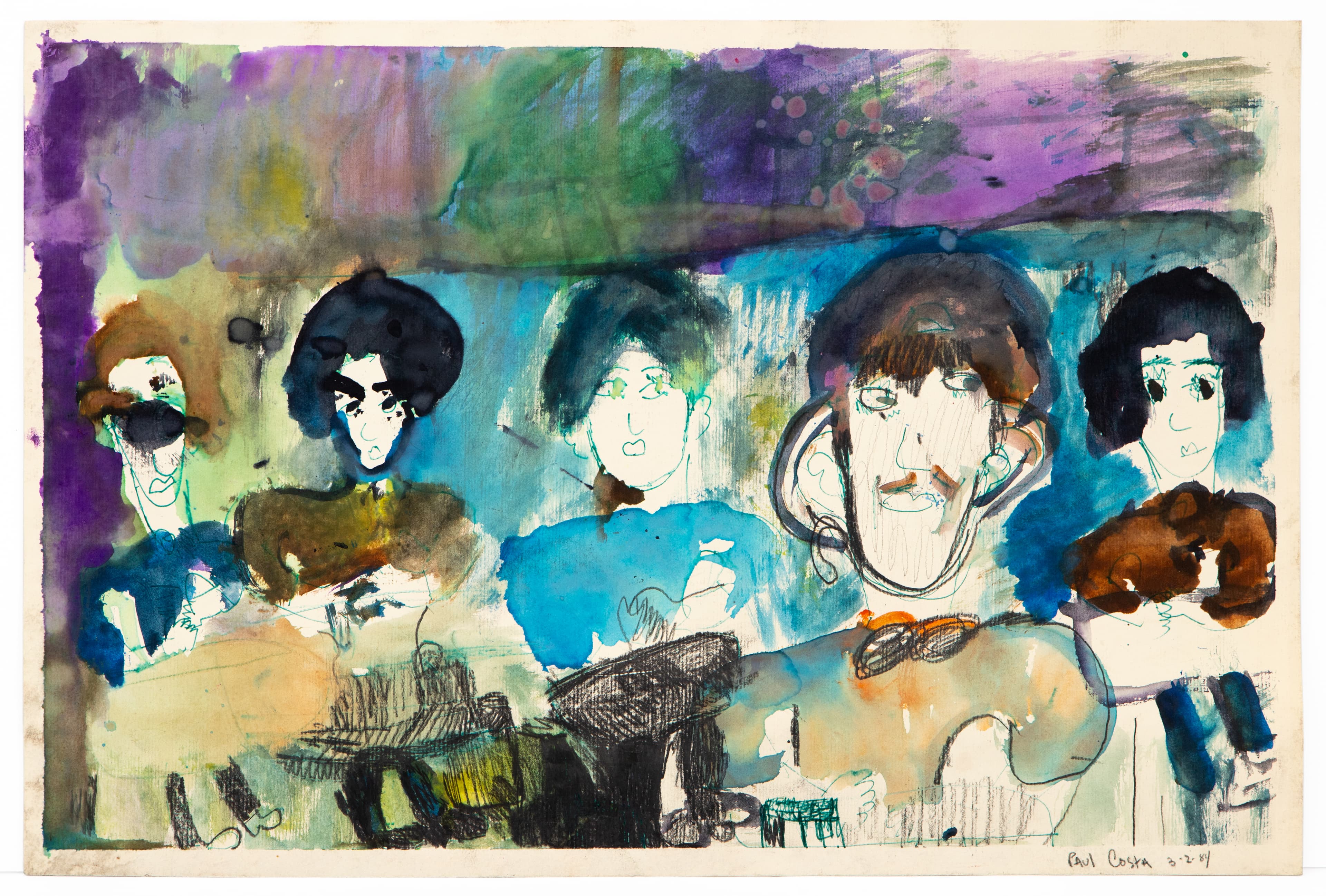 Mixed media painting showing five portrait figures with dark hair arranged horizontally across colorful abstract background