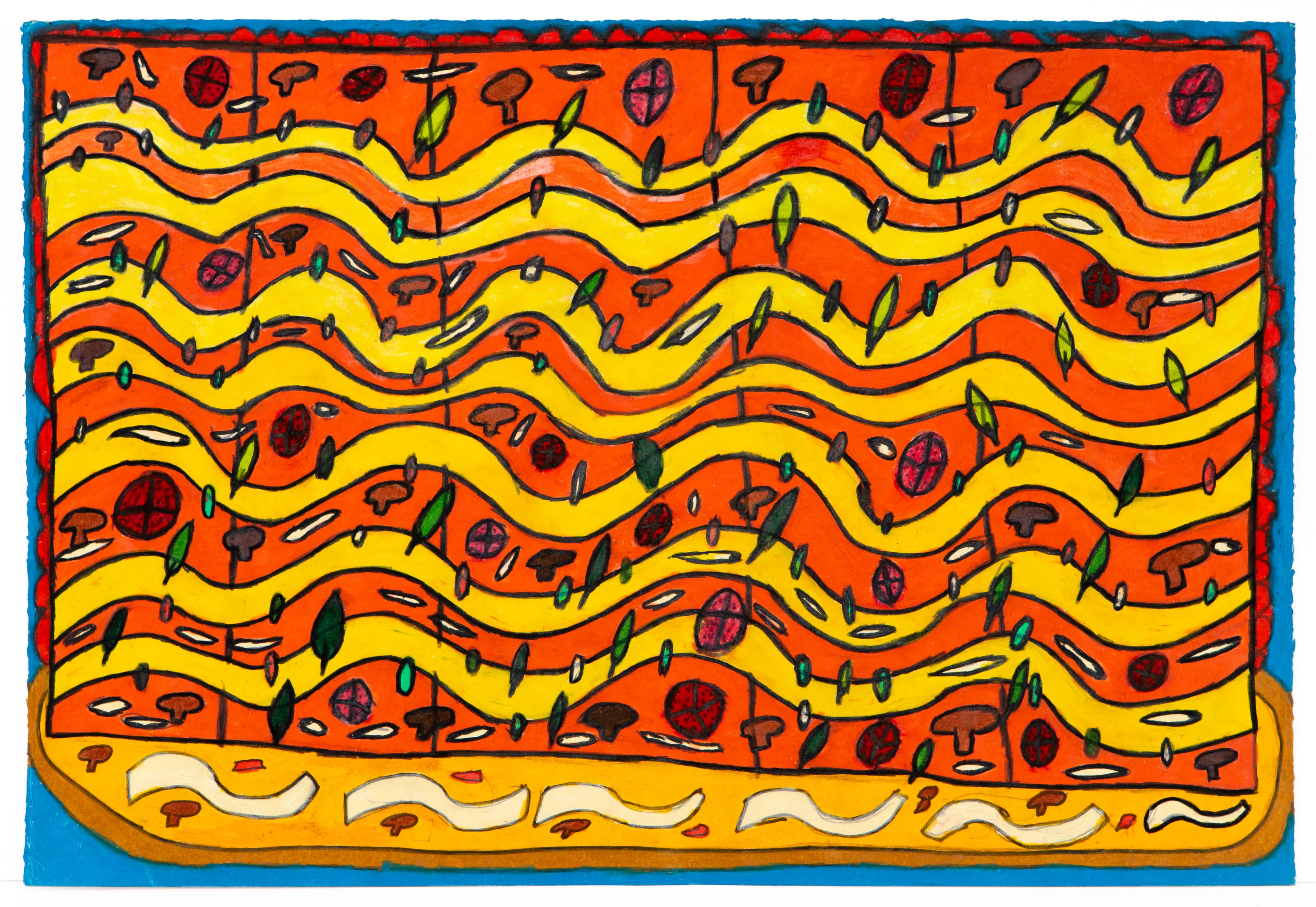 Drawing of pizza slice with wavy yellow cheese, red sauce, and circular toppings, outlined in black ink on blue background
