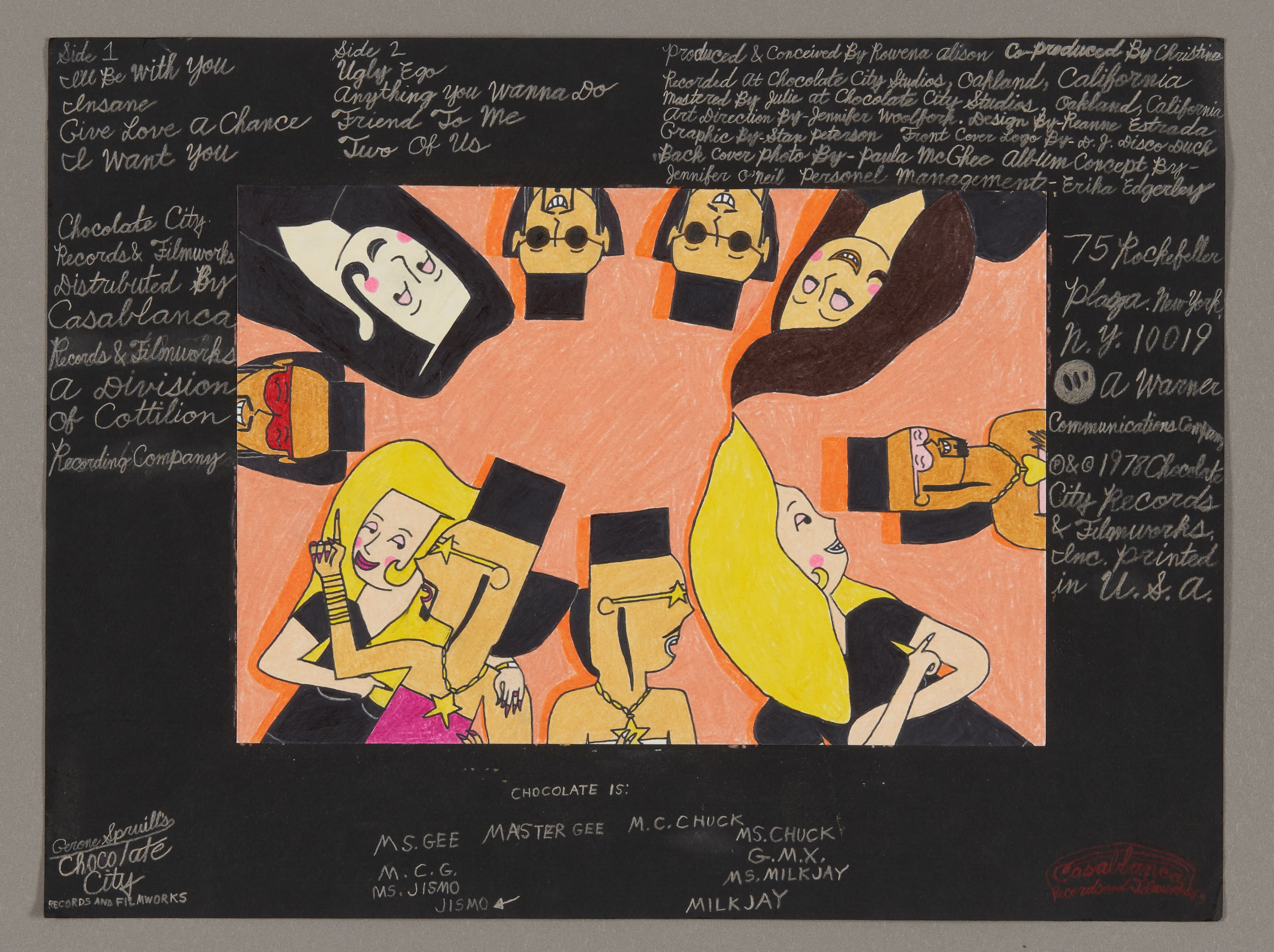 Mixed media drawing with cartoon-style figures in orange center surrounded by black border with white handwritten text