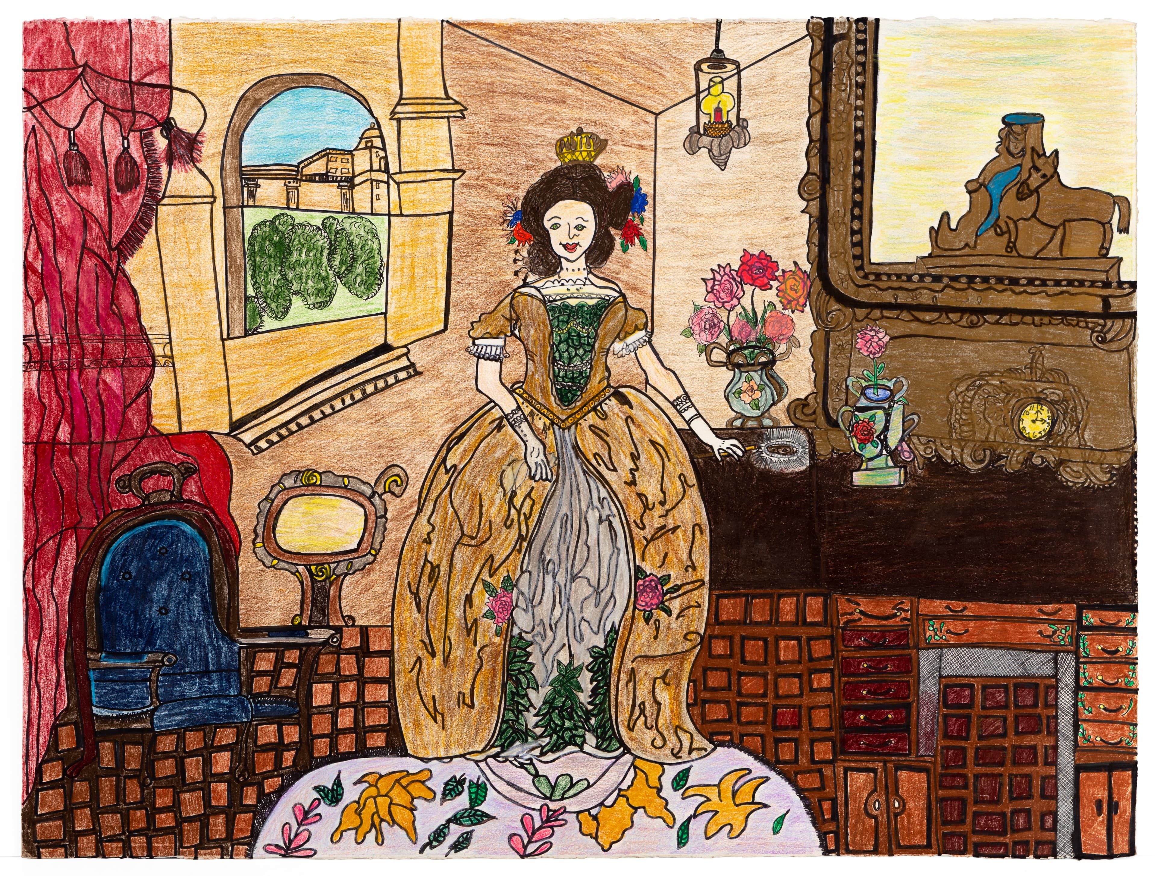 Mixed media drawing of figure in ornate gown standing in elaborate interior with fireplace, decorative objects, and archway