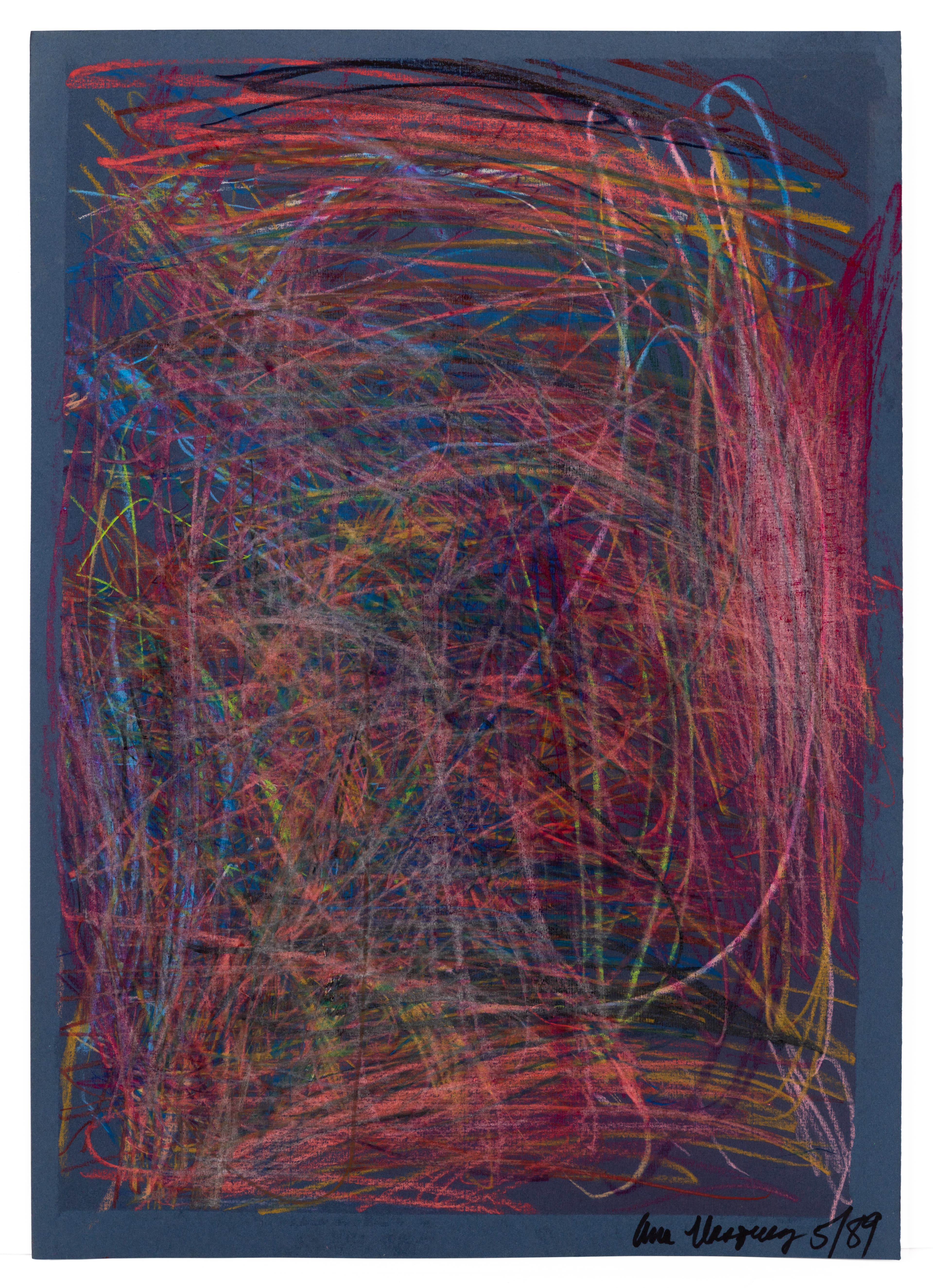 Abstract drawing with dense overlapping colored pencil scribbles on dark blue paper, creating energetic linear patterns