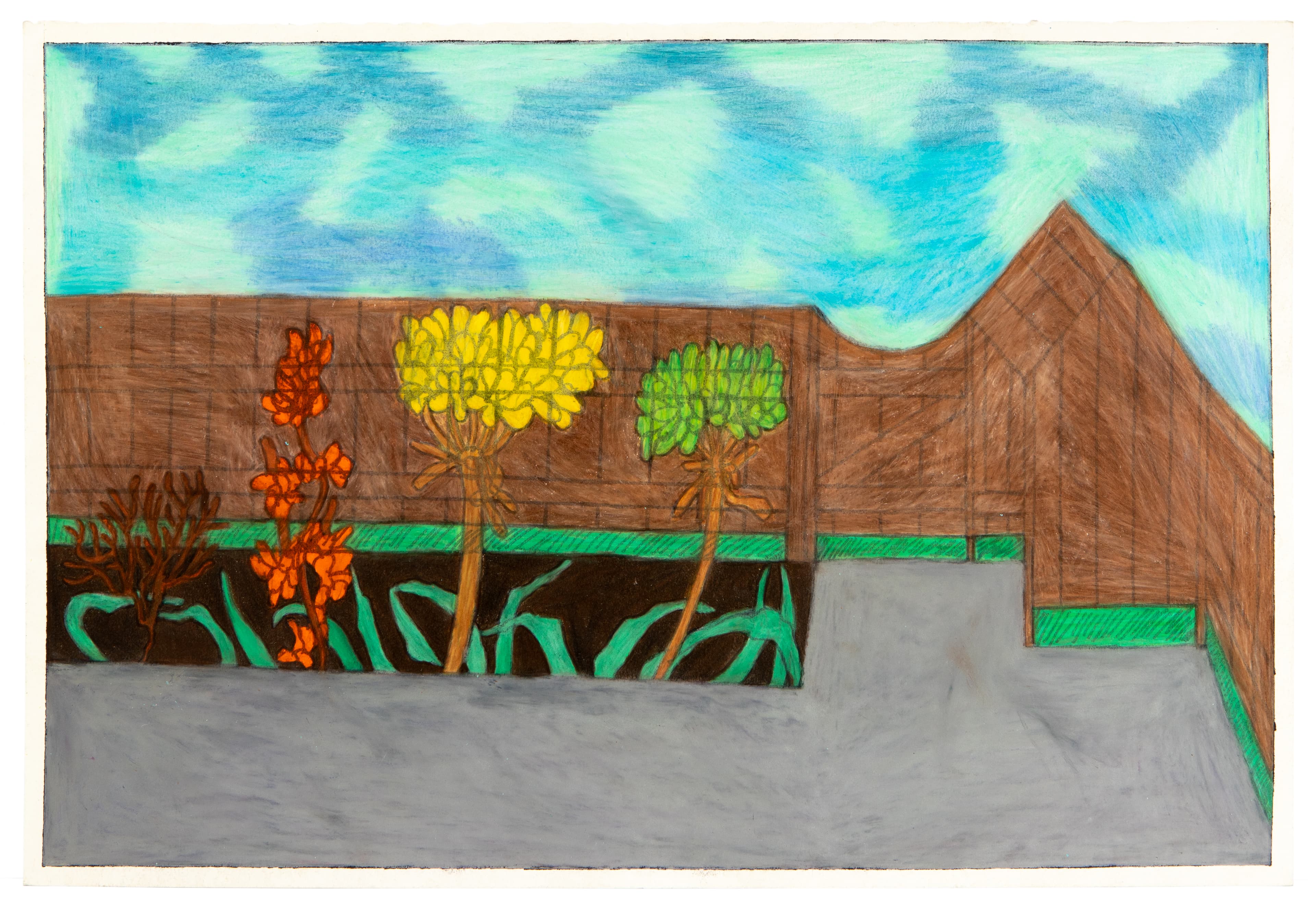 Drawing of modern building with trees, colored pencil on paper, blue sky and gray walkway