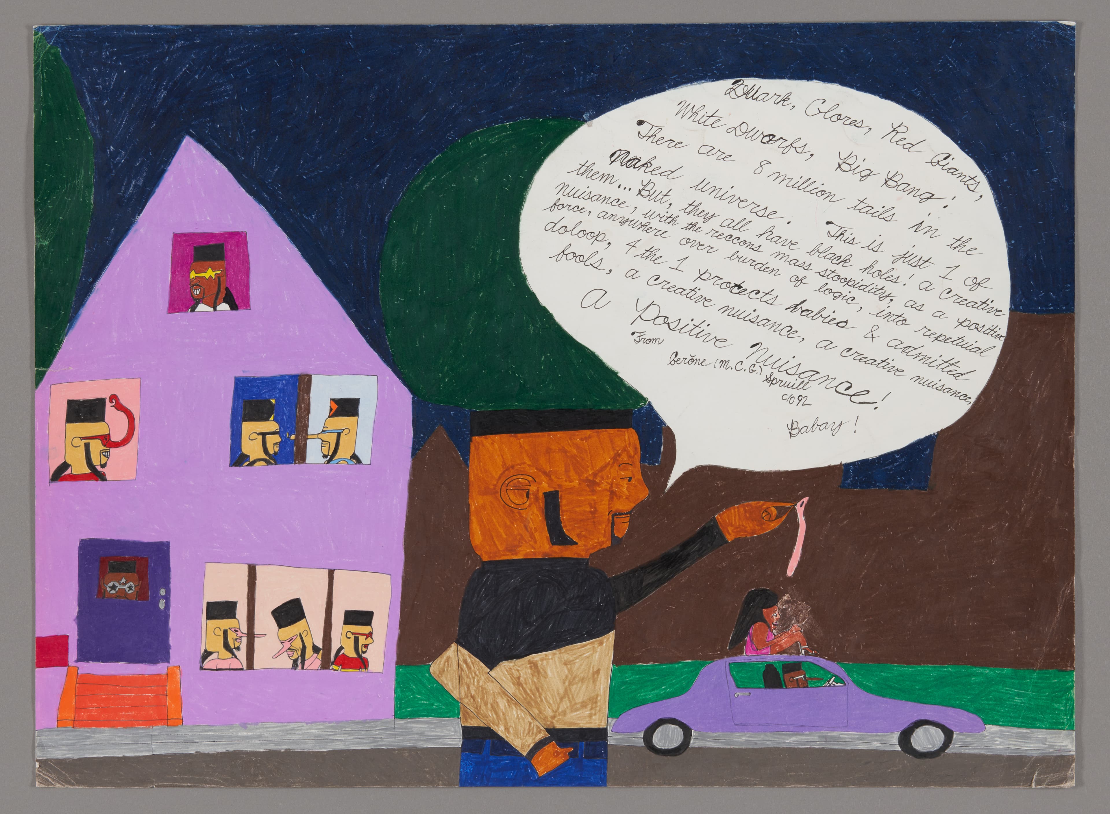 Mixed media drawing showing purple house, orange-headed figure with speech bubble, and small car on street