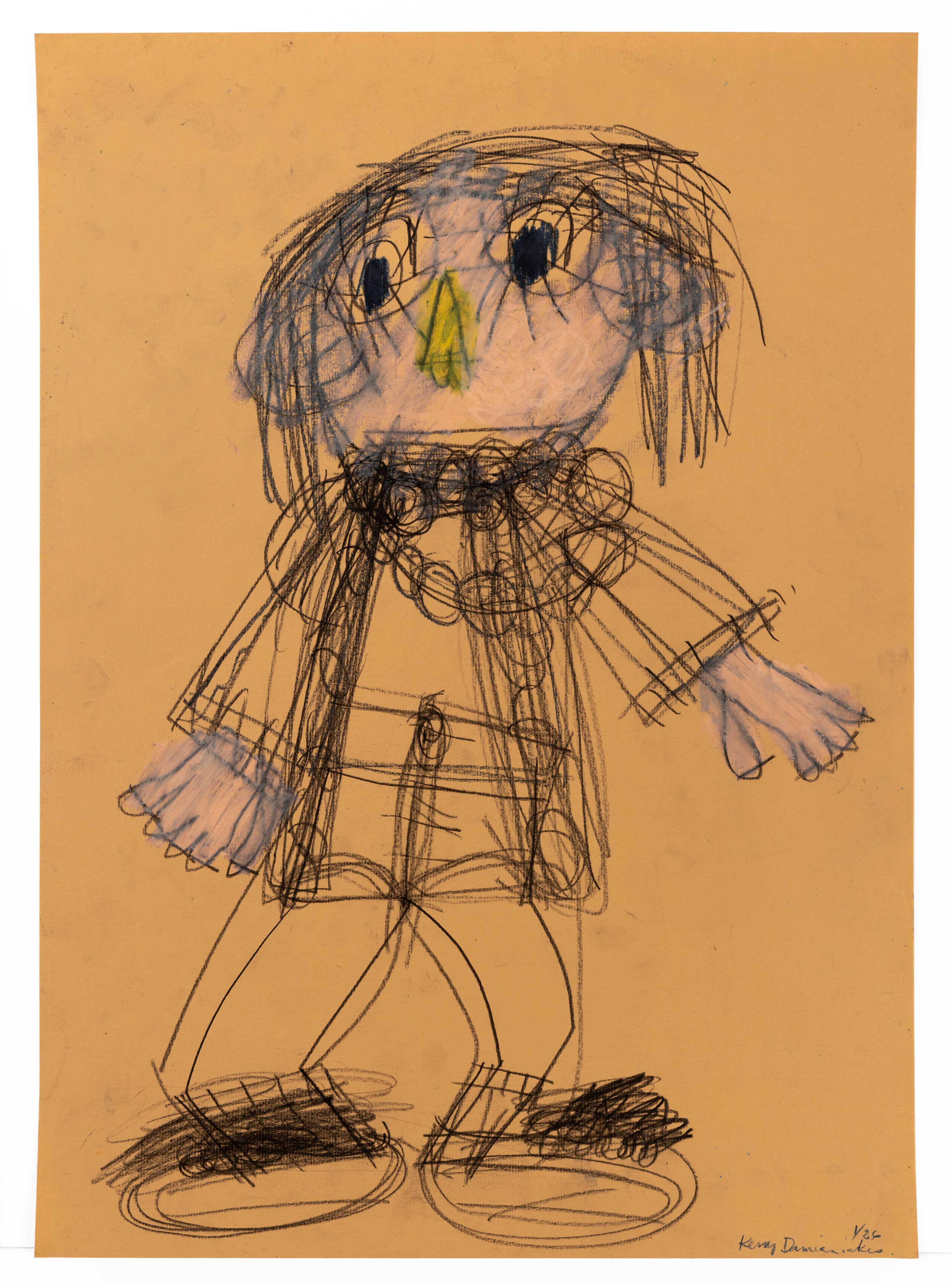 Drawing of a figure with scribbled hair, green triangular nose, and loose clothing in pencil and pastel on orange paper