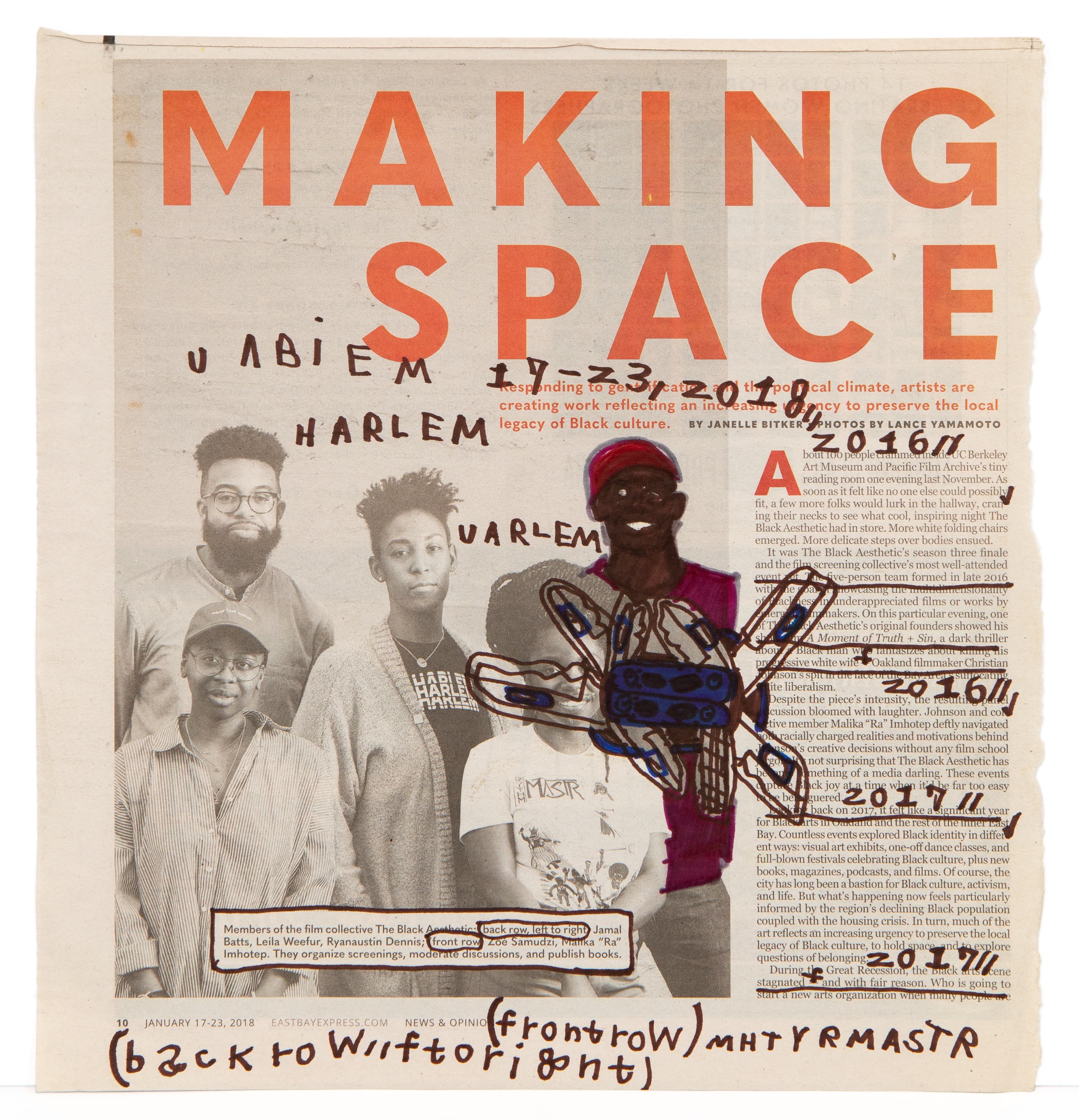 Mixed media artwork with orange text 'MAKING SPACE' over newspaper clipping showing group of people