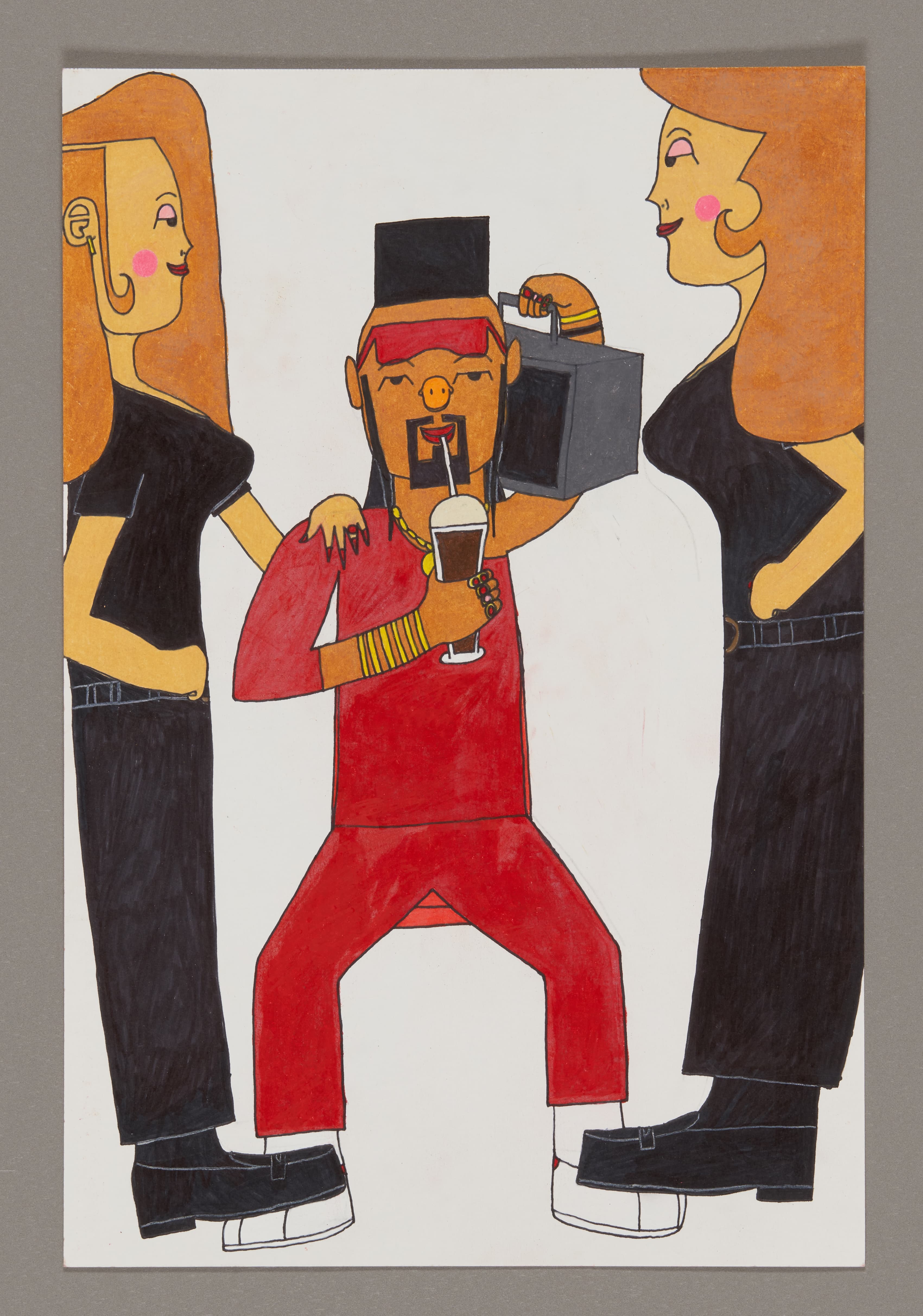Drawing of three figures in colored pencil and ink - central figure in red with boombox flanked by two in black clothing