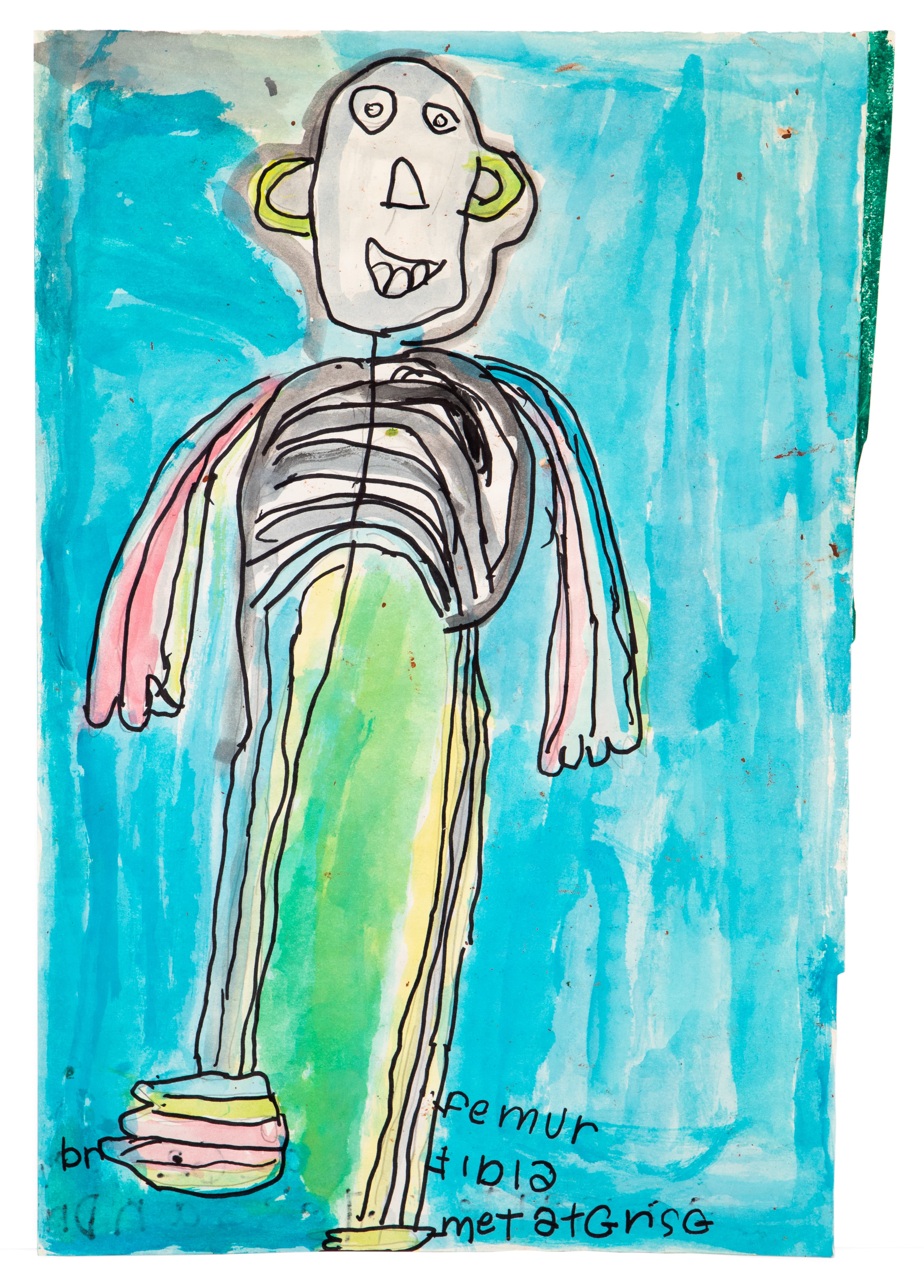 Watercolor and ink figure drawing with elongated body in blue, green, and pink tones on light blue background