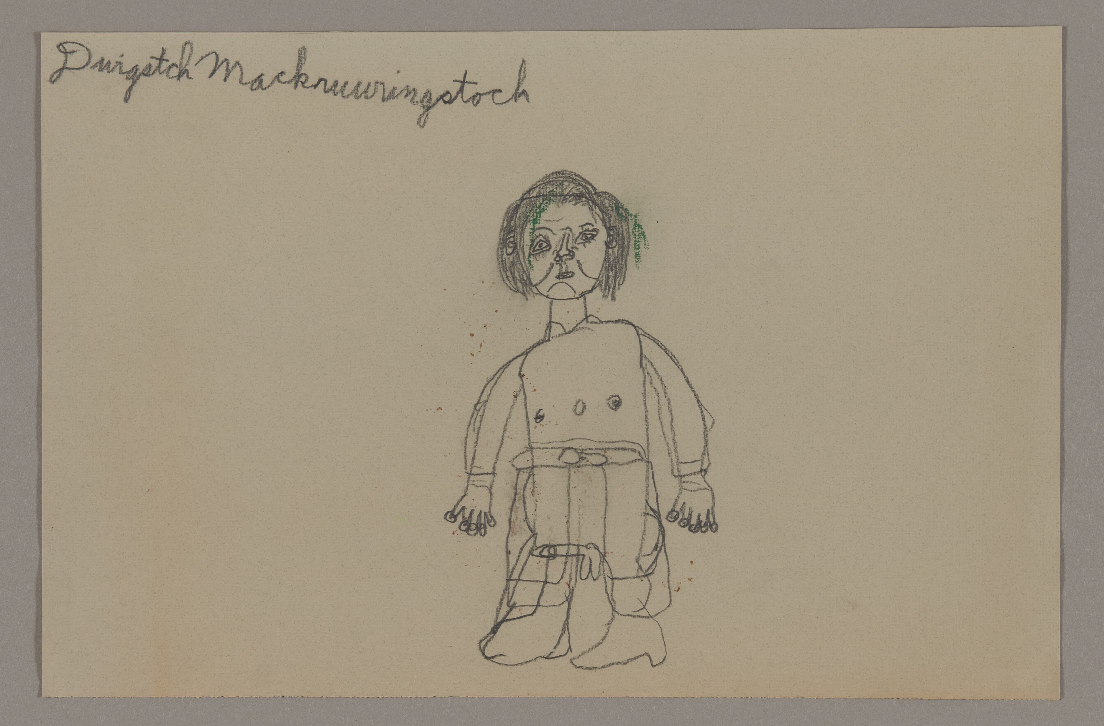 Graphite and crayon drawing of a standing figure with short hair and simple clothing on beige paper