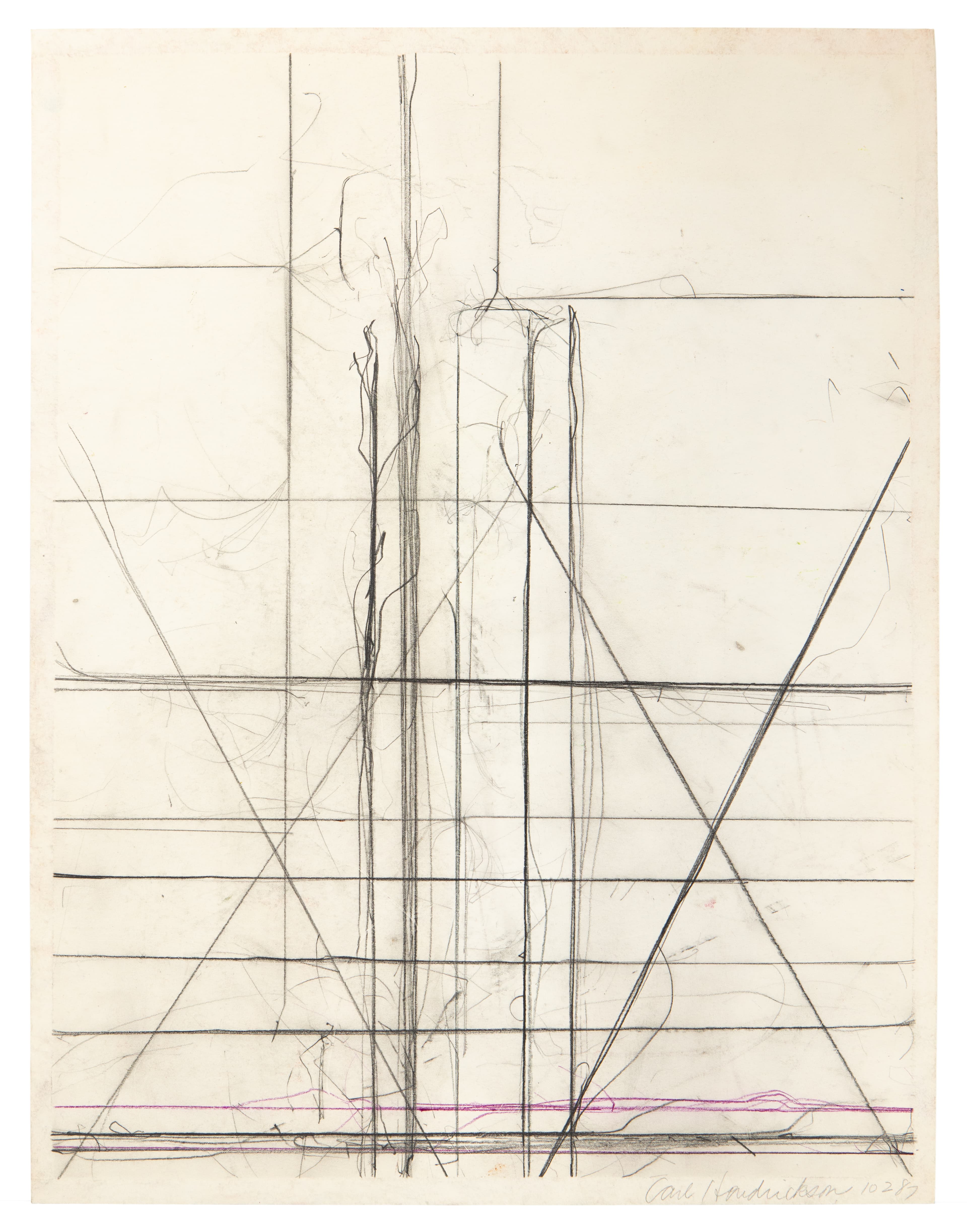 Pencil drawing with geometric grid lines and diagonal elements intersecting on cream paper