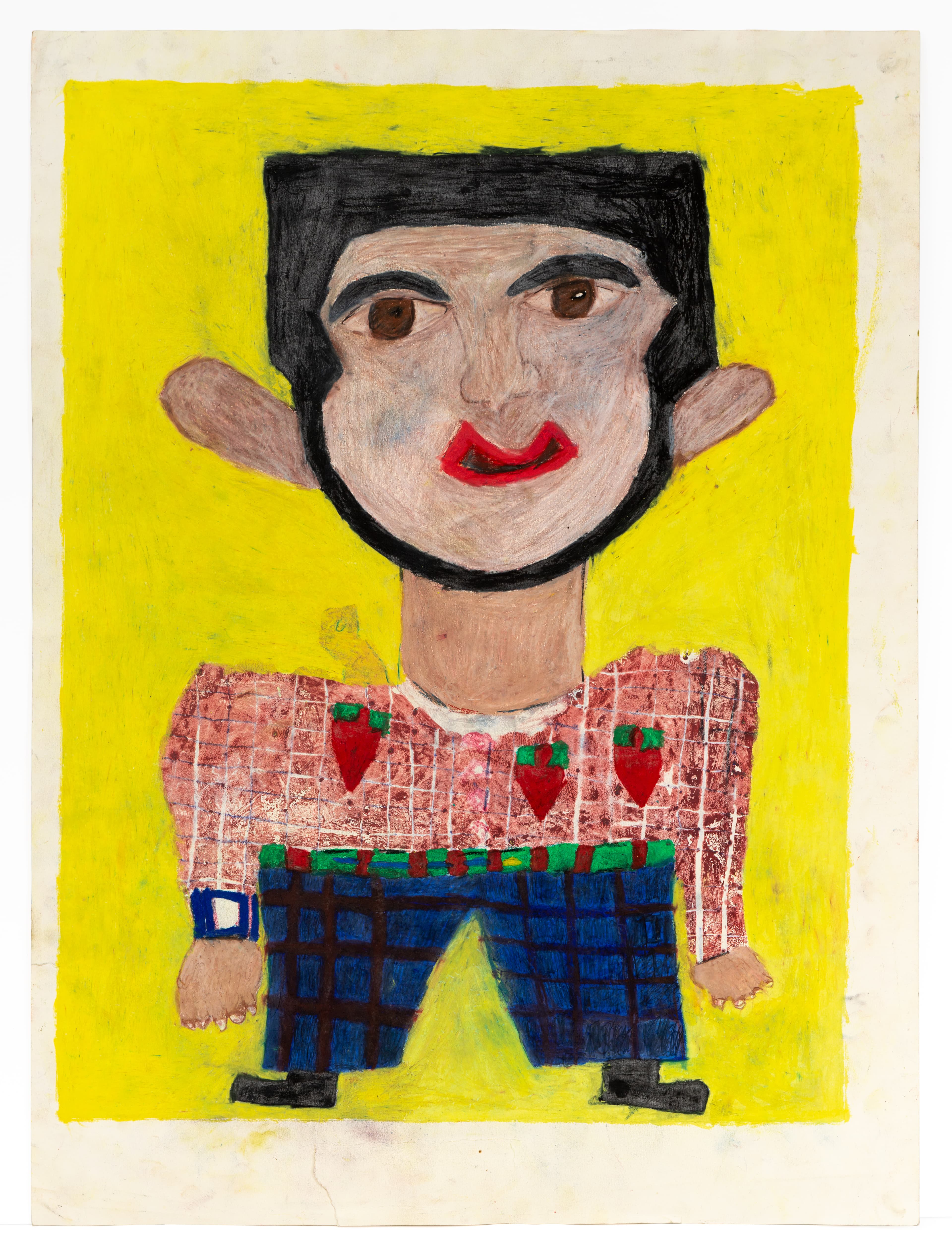 Portrait painting of a figure with black hair against yellow background, wearing patterned clothing in watercolor pencil