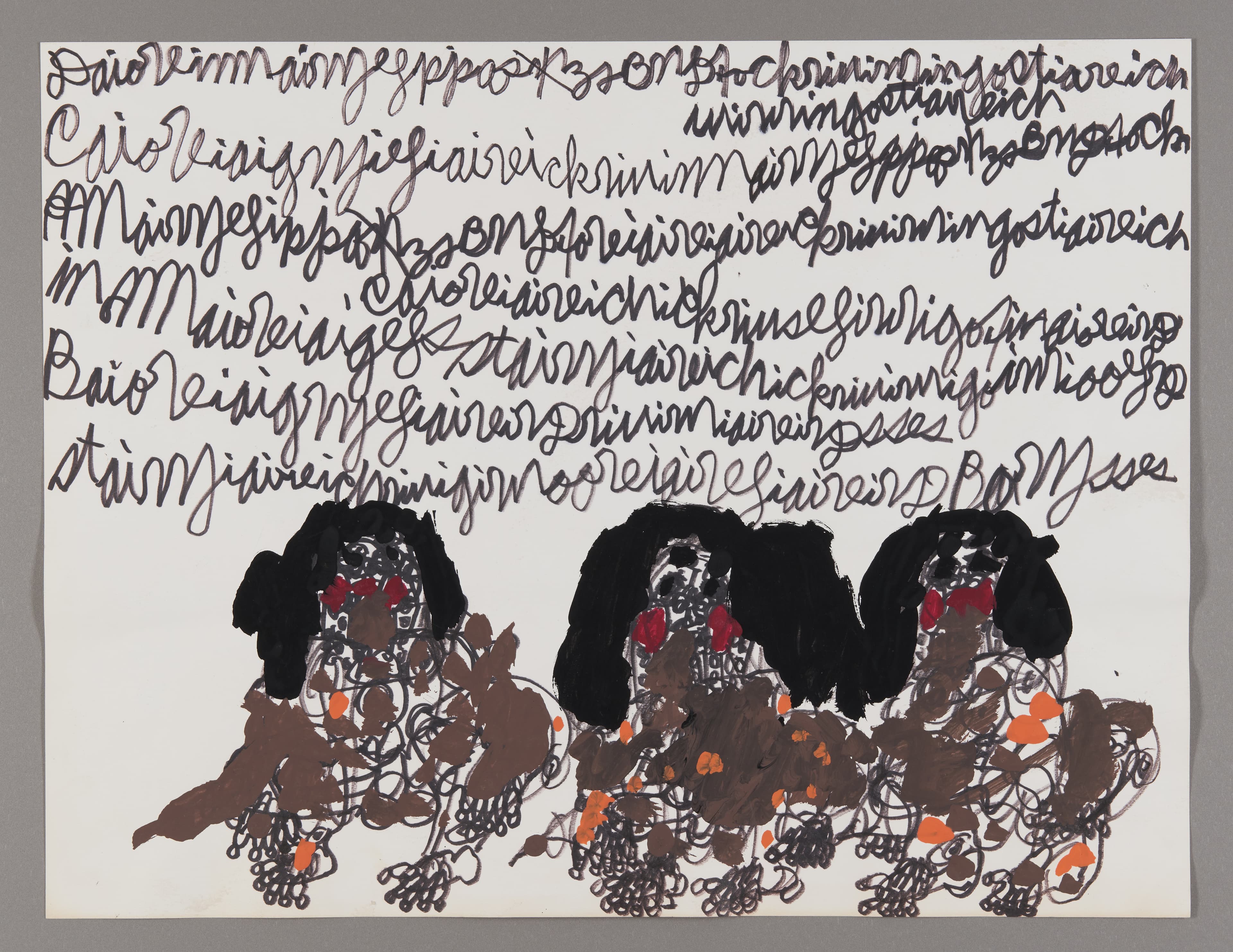 Mixed media artwork with handwritten text above three figures with black hair and red facial features on white paper