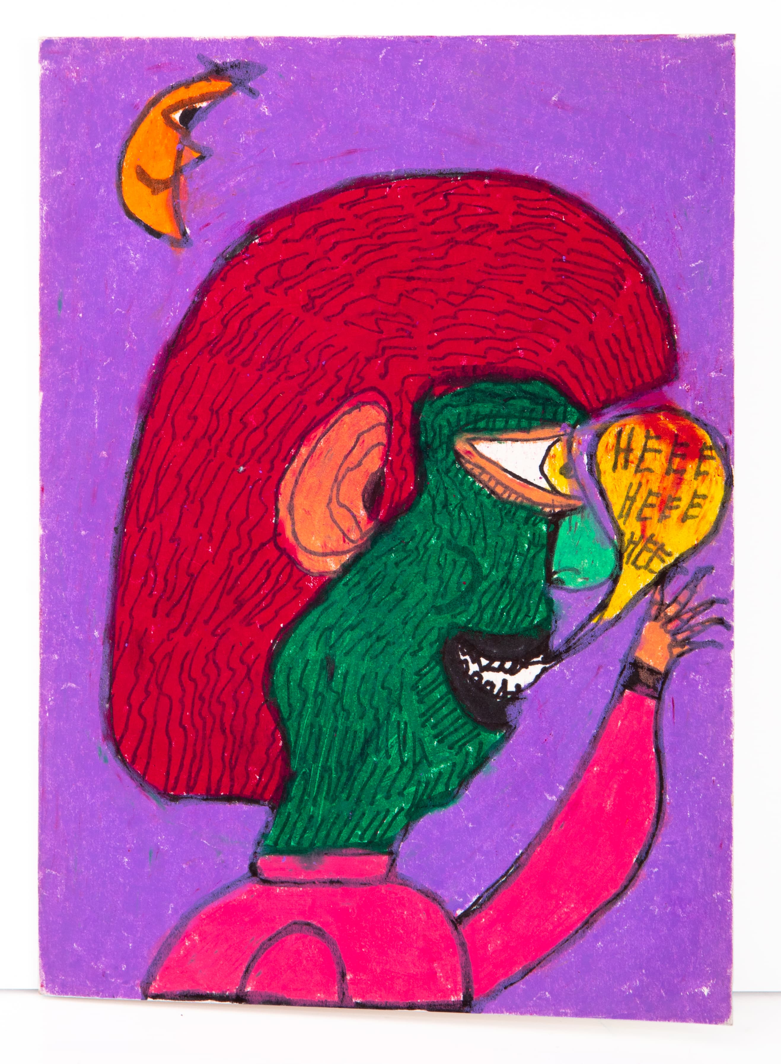 Colorful drawing of a figure with red hair holding a microphone on purple background, ink and pastel on paper