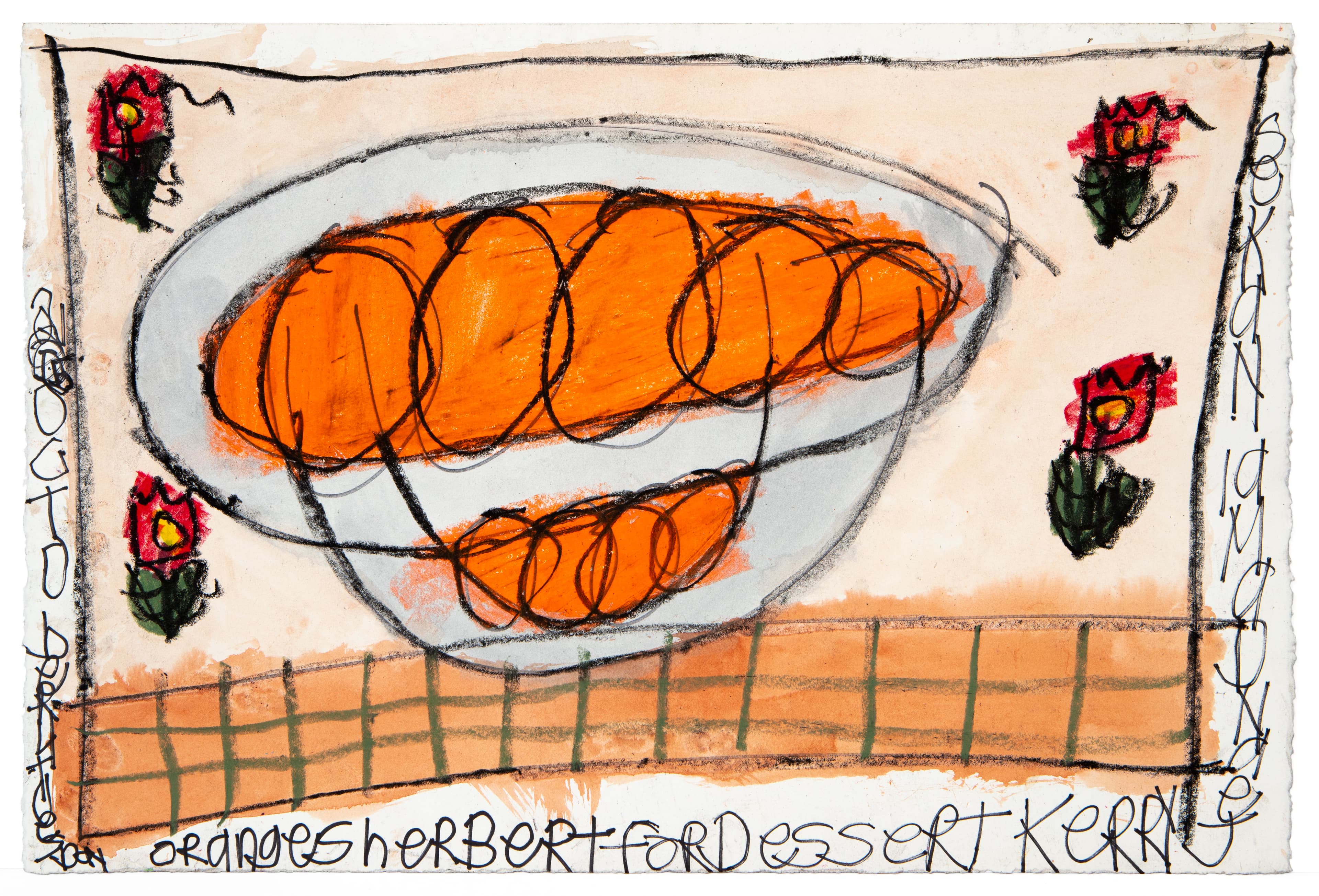 Drawing of orange sliced food on white plate, surrounded by red flowers, pastel on paper