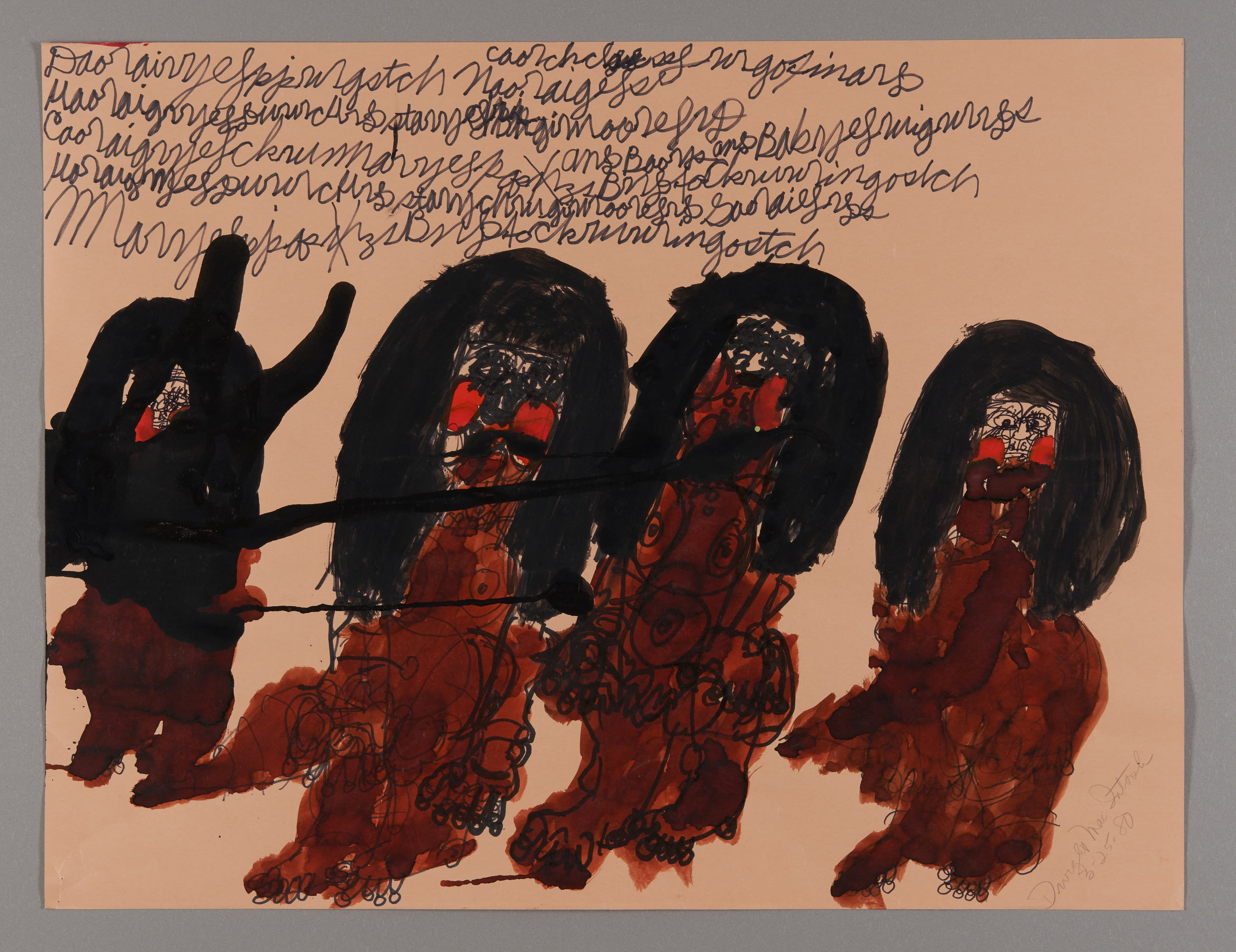 Mixed media drawing with four dark figures with red bodies and handwritten text above on peach paper