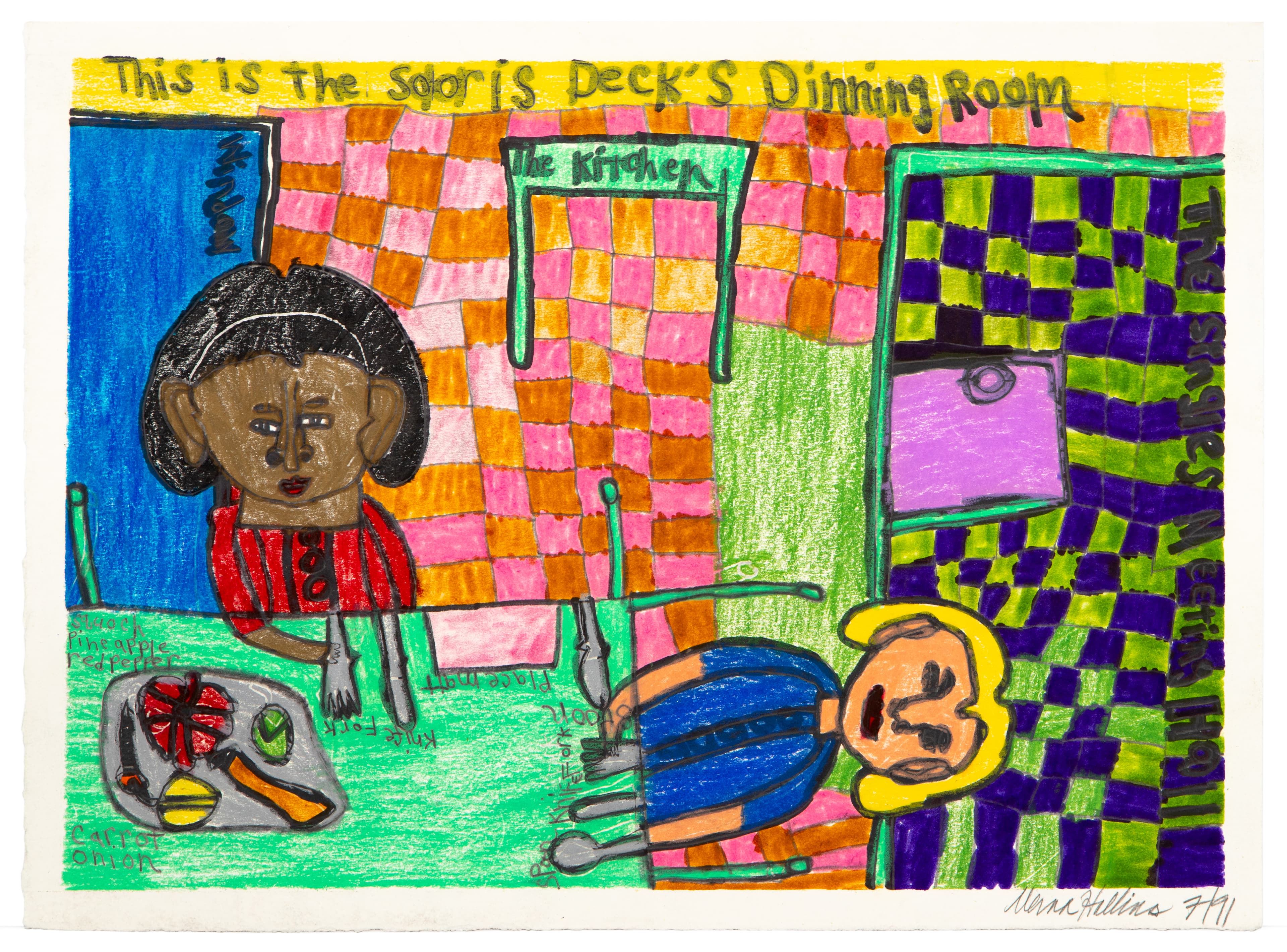 Colored pencil drawing showing dining room interior with figure at table, checkered walls, and cartoon character