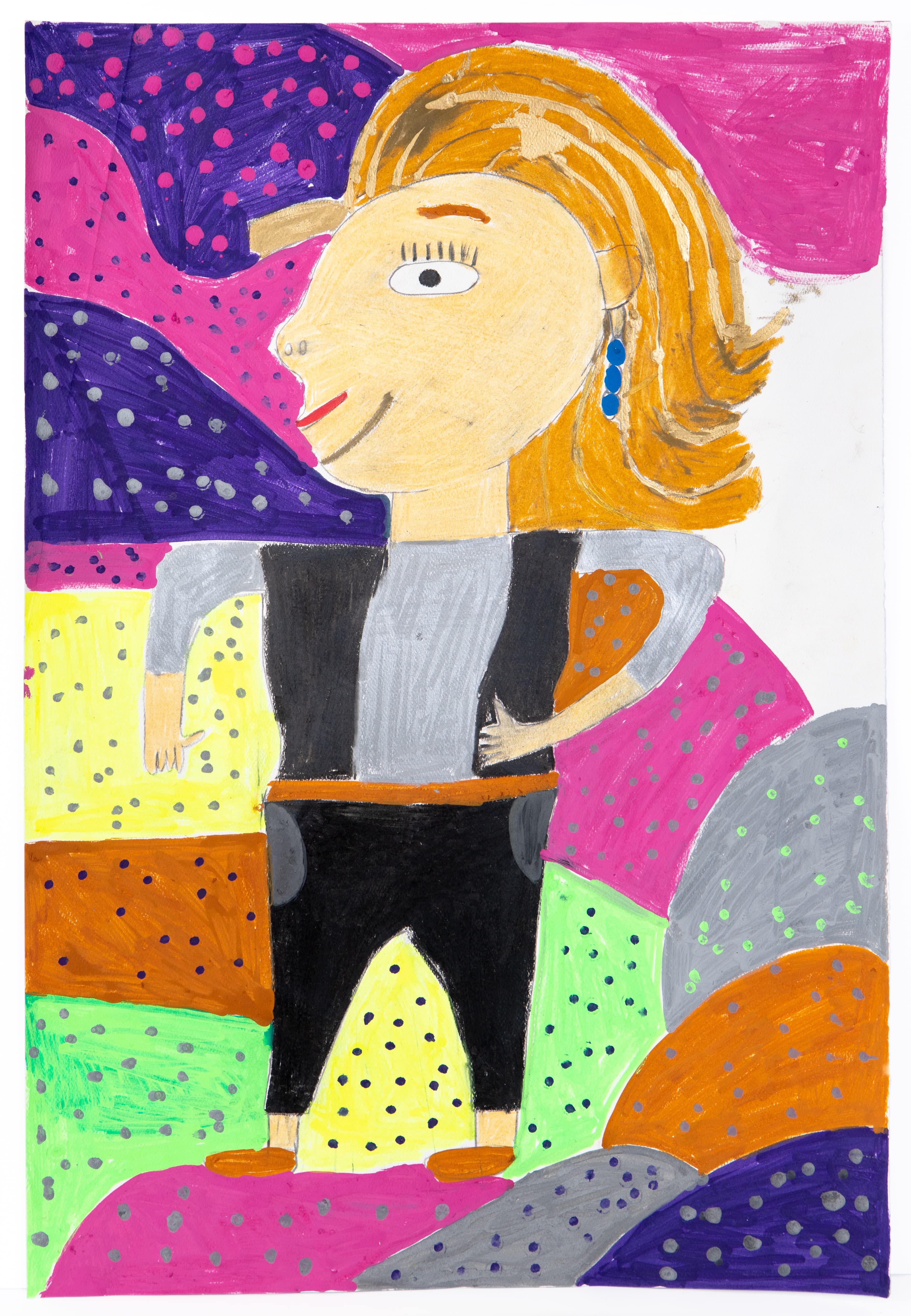 Mixed media portrait of a figure with orange hair against colorful polka-dotted background