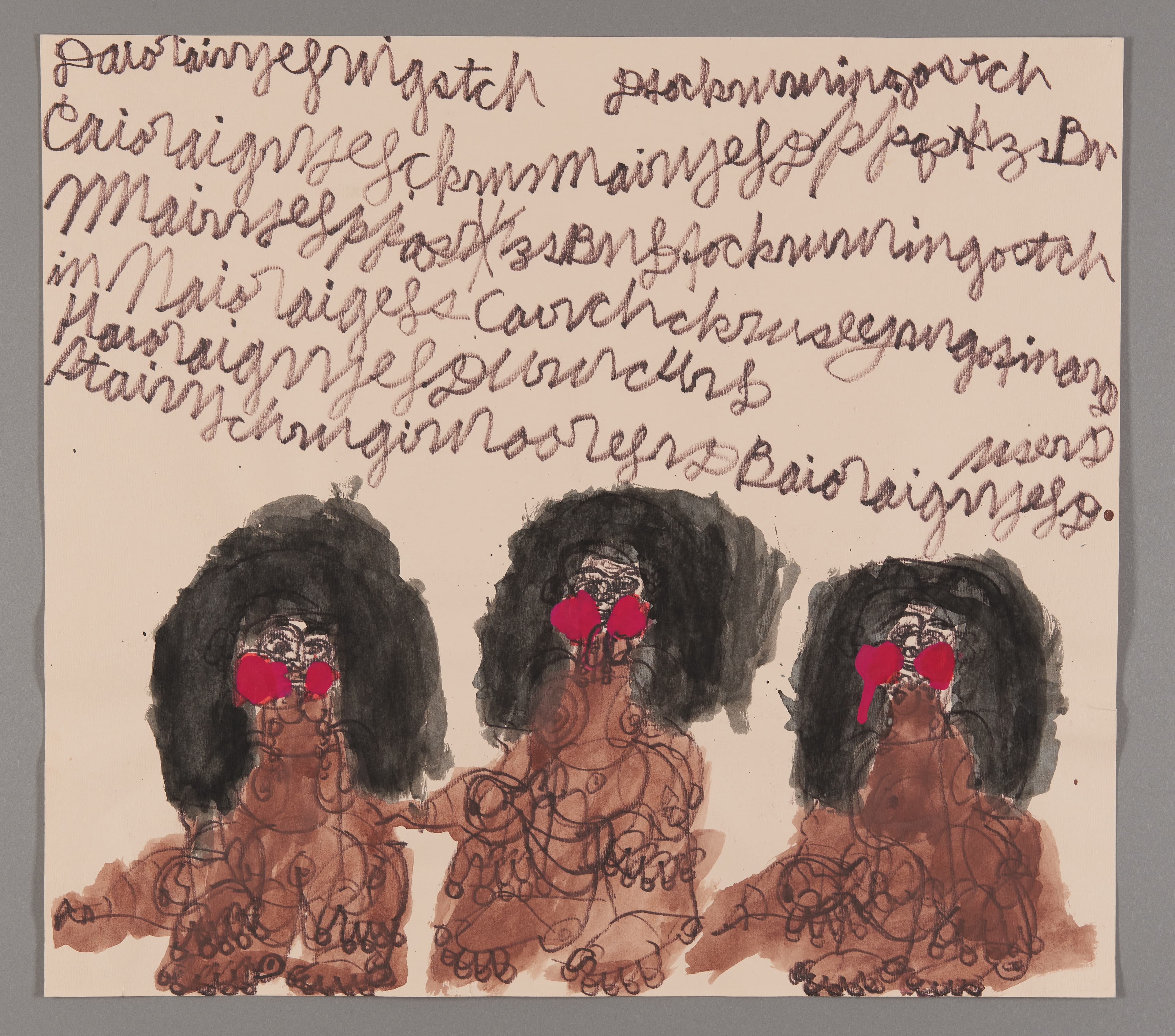 Mixed media drawing of three seated figures with dark hair and red hair accessories, brown wash technique
